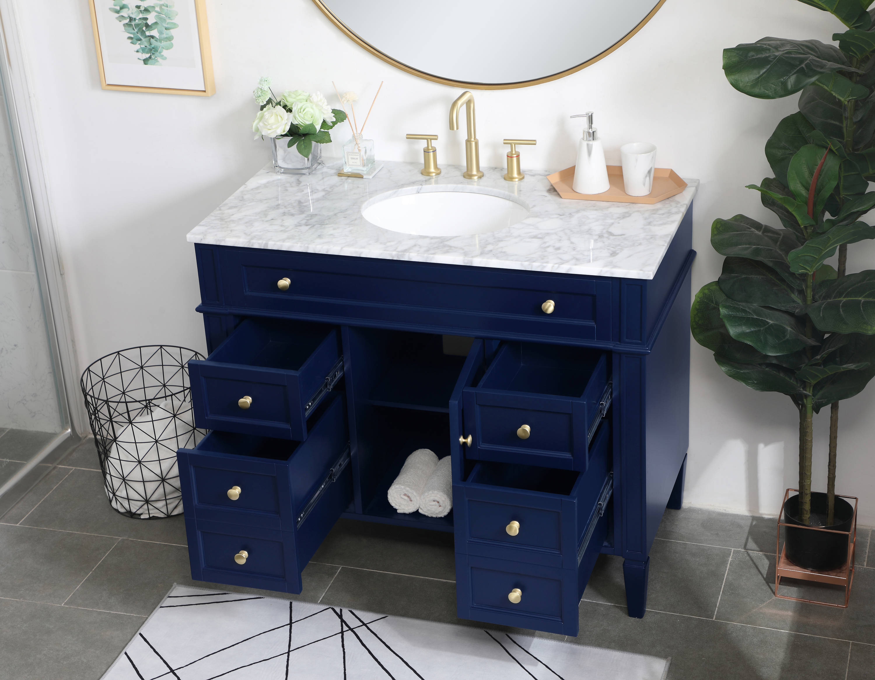 Blue Solid Wood MDF Marble Single Bathroom Vanity with Gold Hardware