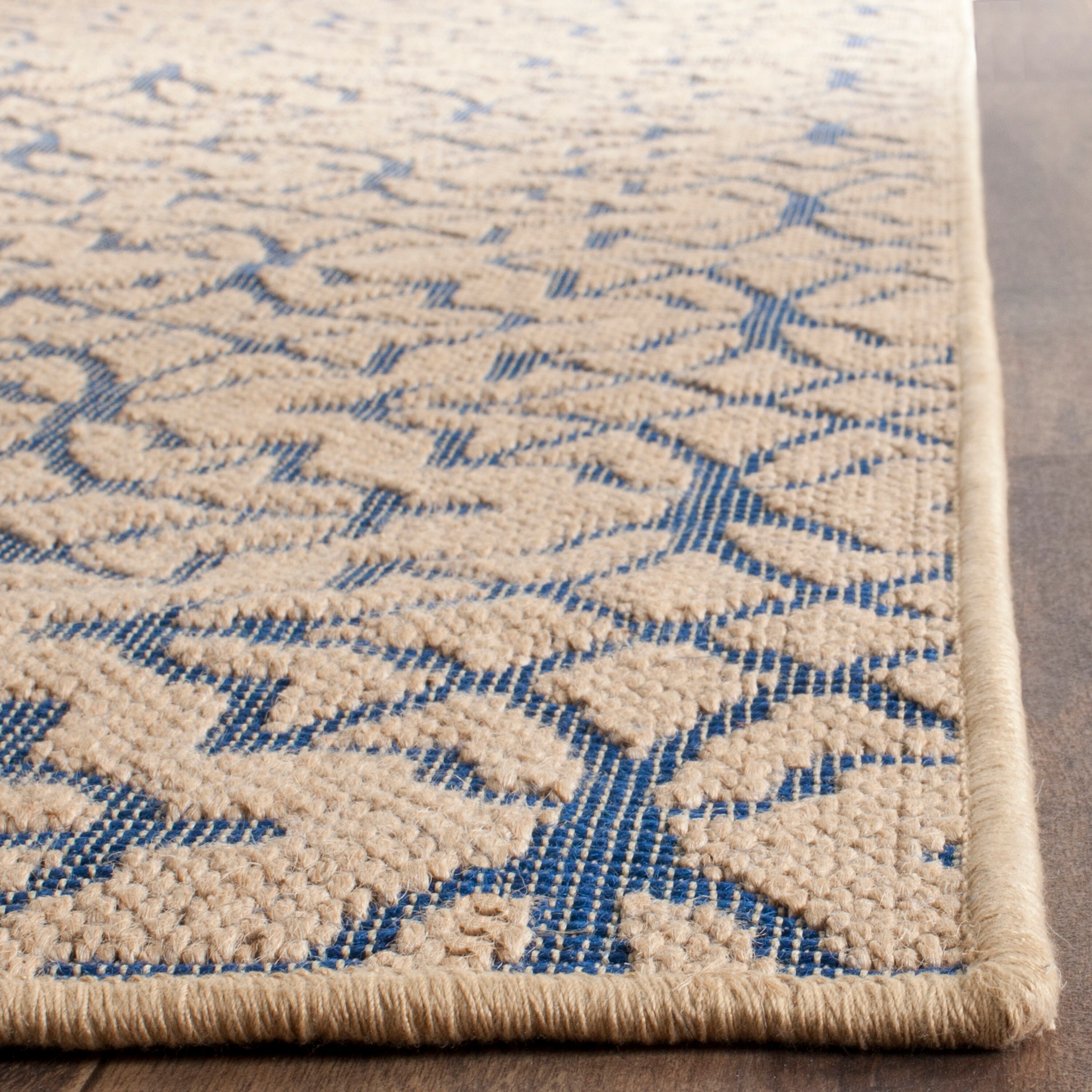 Natural and Blue Geometric Wool Rectangular Area Rug, 3' x 5'