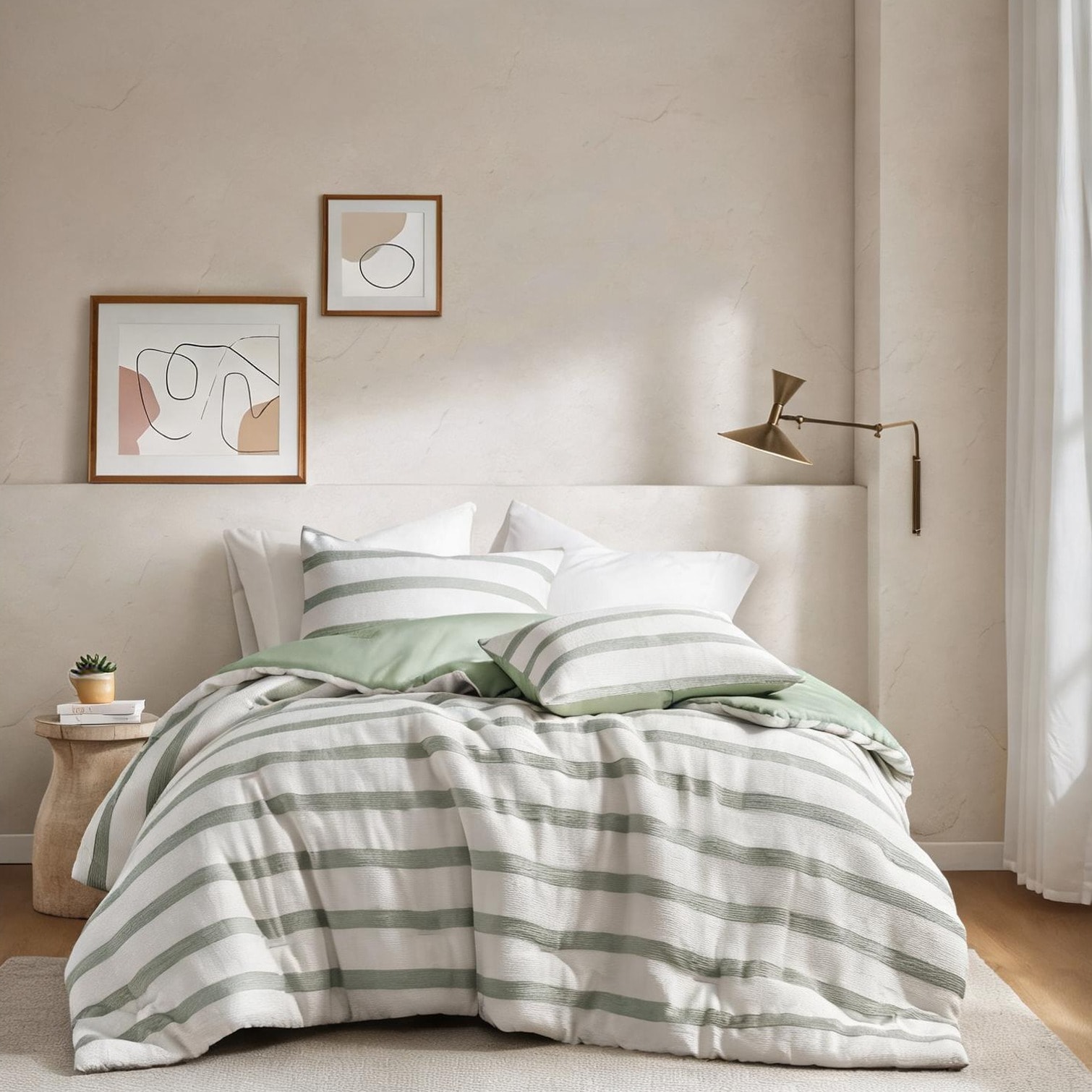 Watnature Striped Comforter Set Full/Queen Rich Green Polyester with Pillow Shams Bedroom