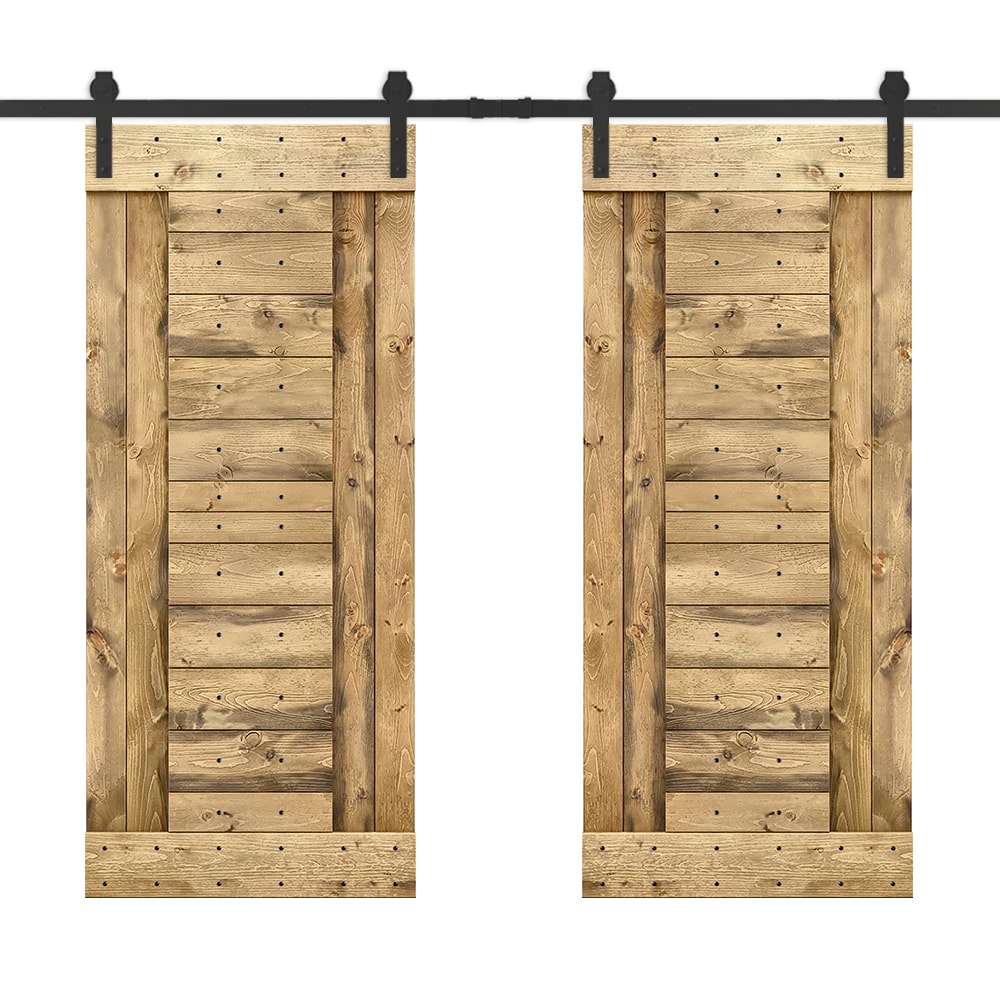 CALHOME MK-72(2+N3-36S(2+CN 72-in x 84-in Weather Oak Stained Pine Wood Solid core Double Barn Door (Hardware Included)