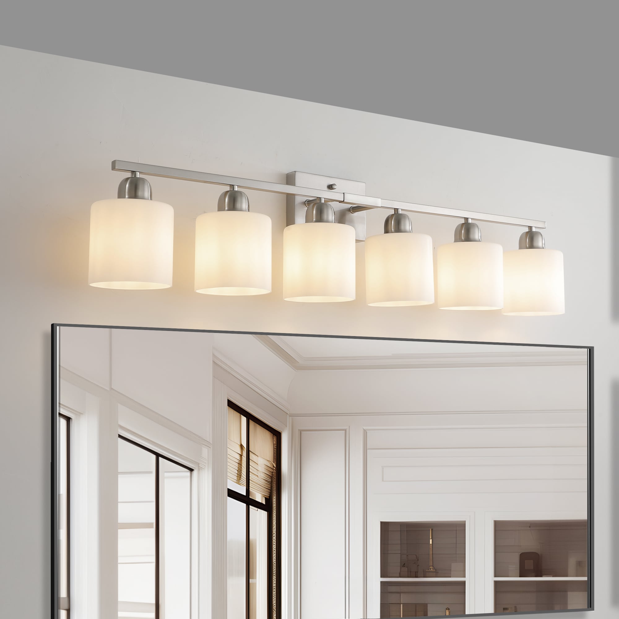 Zitrend 38-in Brushed Nickel Bathroom Vanity Light Modern 6-Light Steel Wall Fixture with Frosted White Glass Cylinder Shades for Mirrors