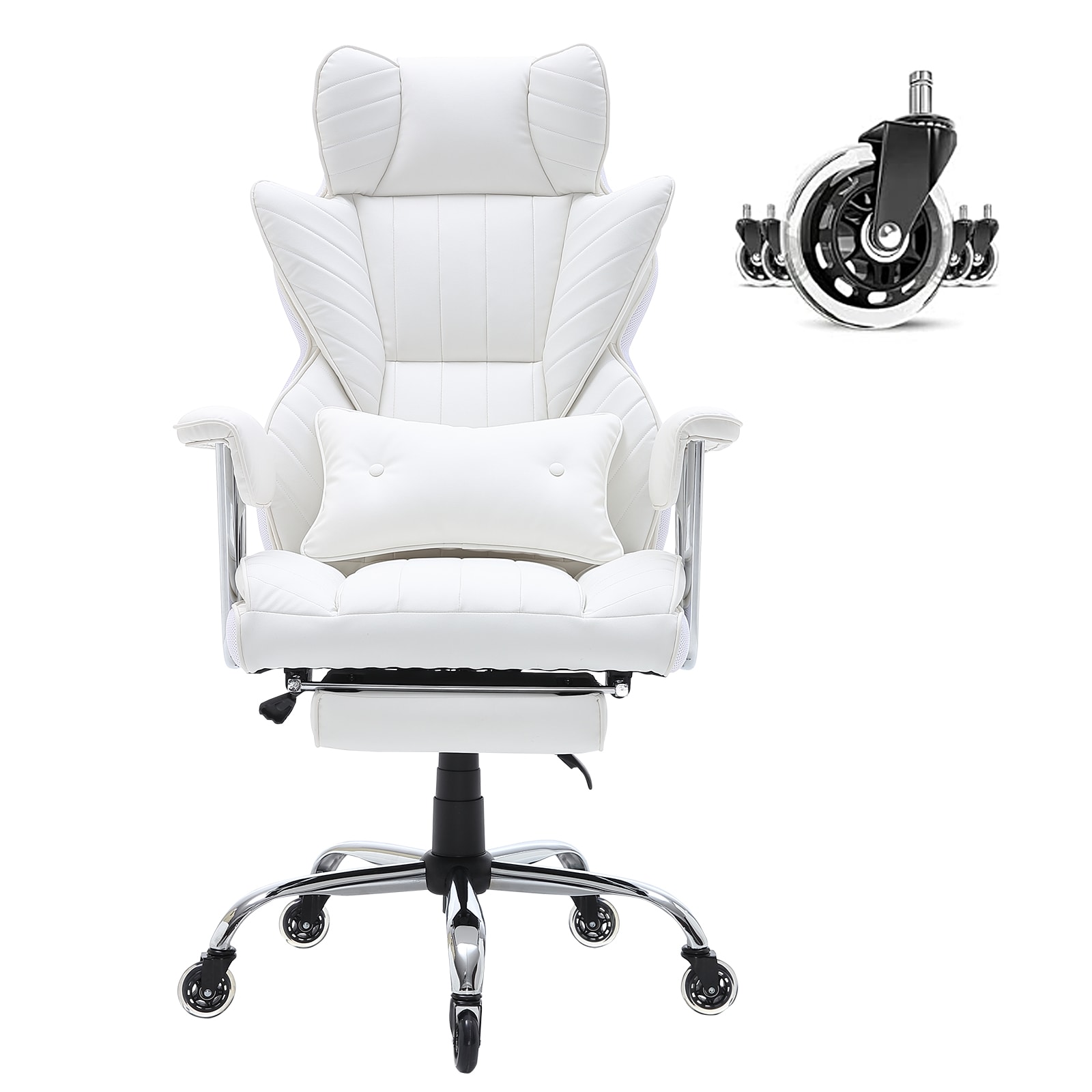 SVOPES SVOPESLBYZXKP04808V0 Reclining Office Chair with Footrest Heavy Duty PU Leather Big and Tall Executive Chair with Lumbar Support Metal Base Quiet Wheels White