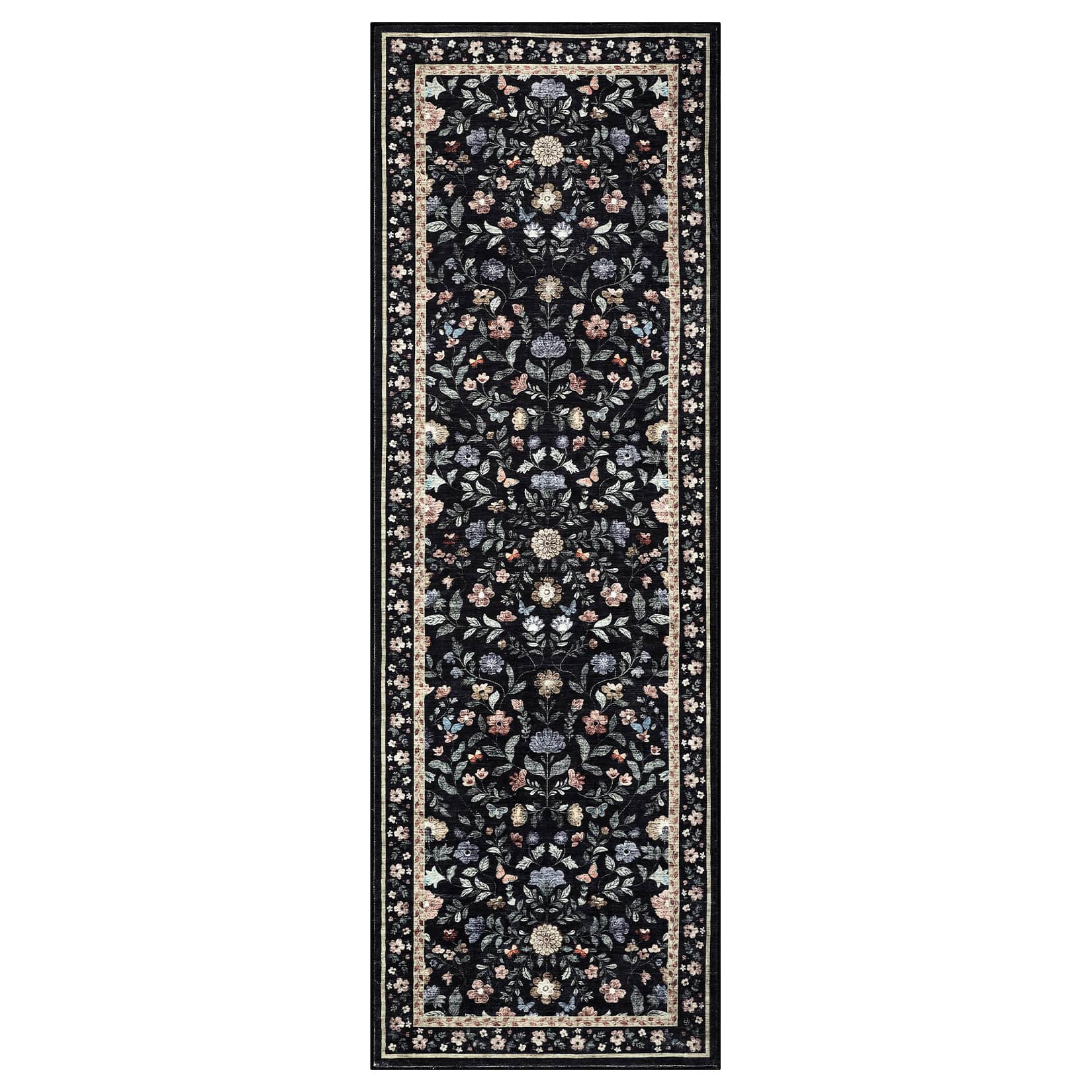 Qeetex LSN-PHK-33T33BM9 2 x 3 ft Polyester Cashmere Imitation Black Rectangular Hallway Bathroom Entryway Kitchen Office Foldable Flower Printed Modern Washable Area Rug