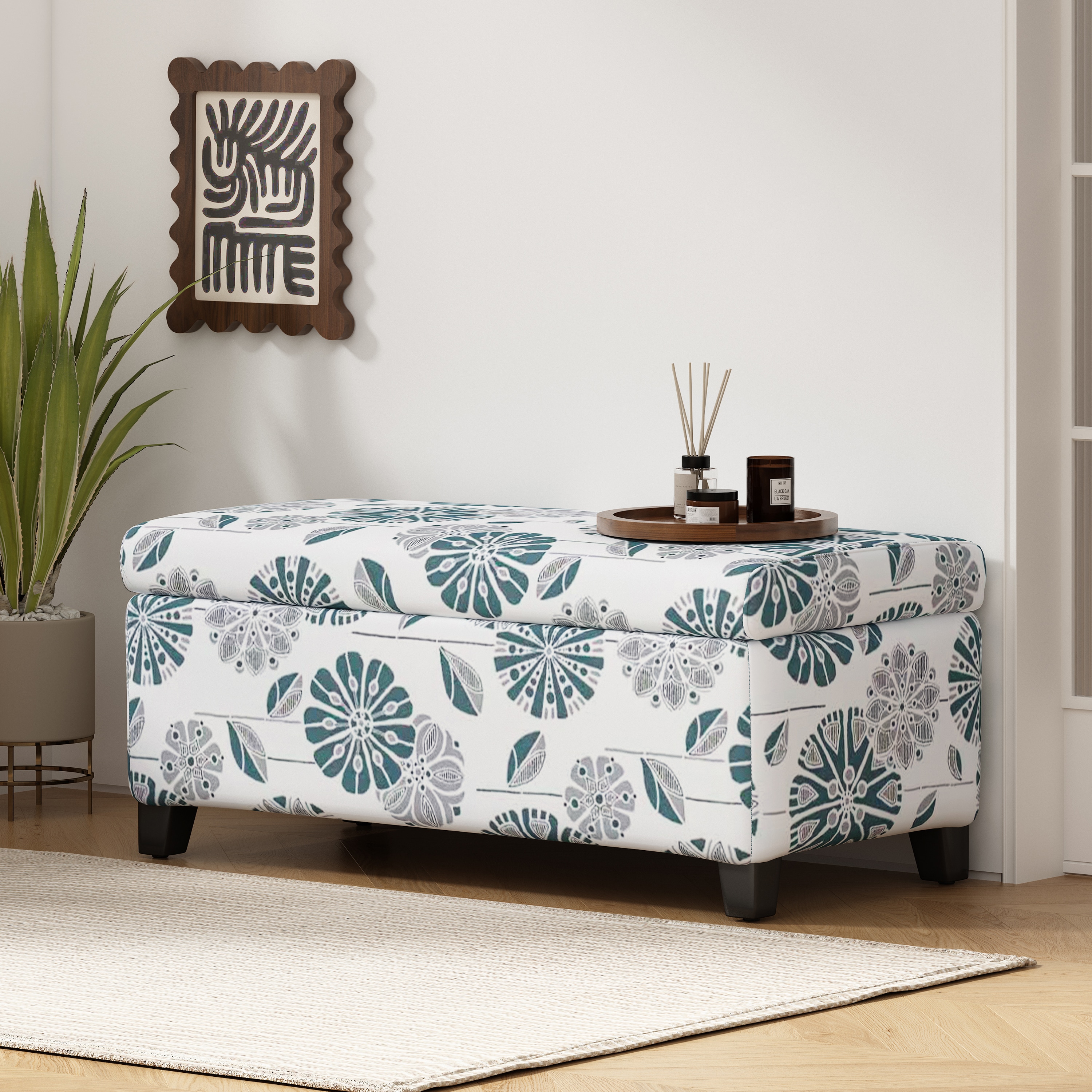Christopher Knight Home 330472 Luxury Storage Ottoman with Floral Patterned Fabric Soft Close Hinges-Light Blue