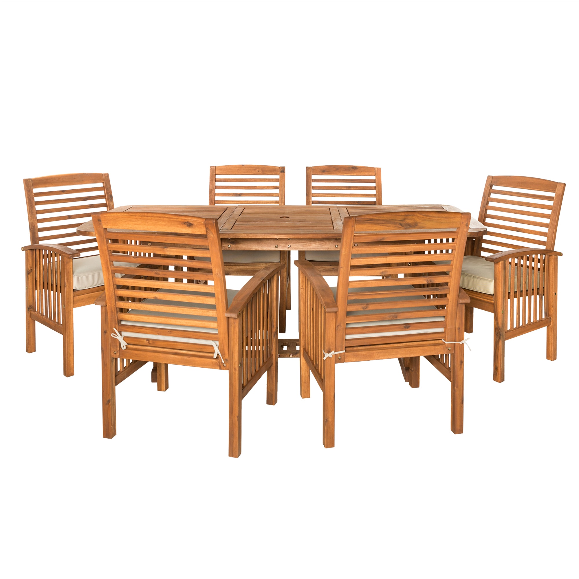 Walker Edison LWW7SBR 7 -Piece Brown Patio Dining Set Extendable Table Wood Rectangle Table with 6 Brown Cushions Stationary Chairs