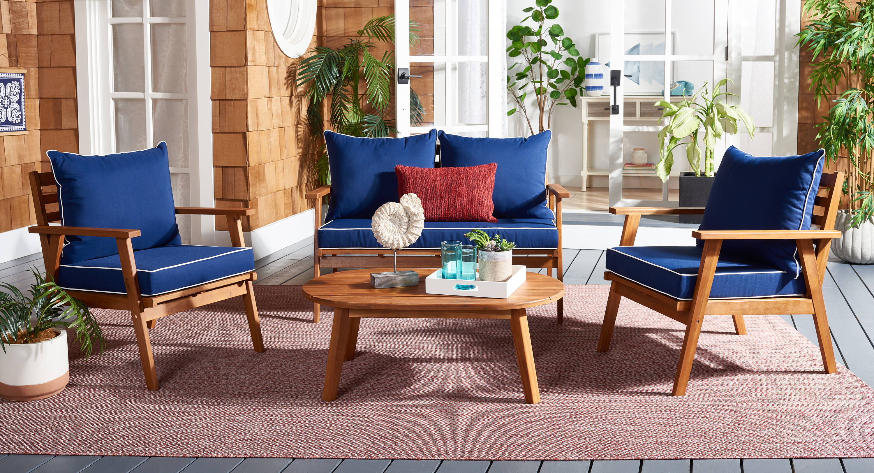 Safavieh PAT7318B Patio 4 -Piece Patio Conversation Set with Blue Cushions