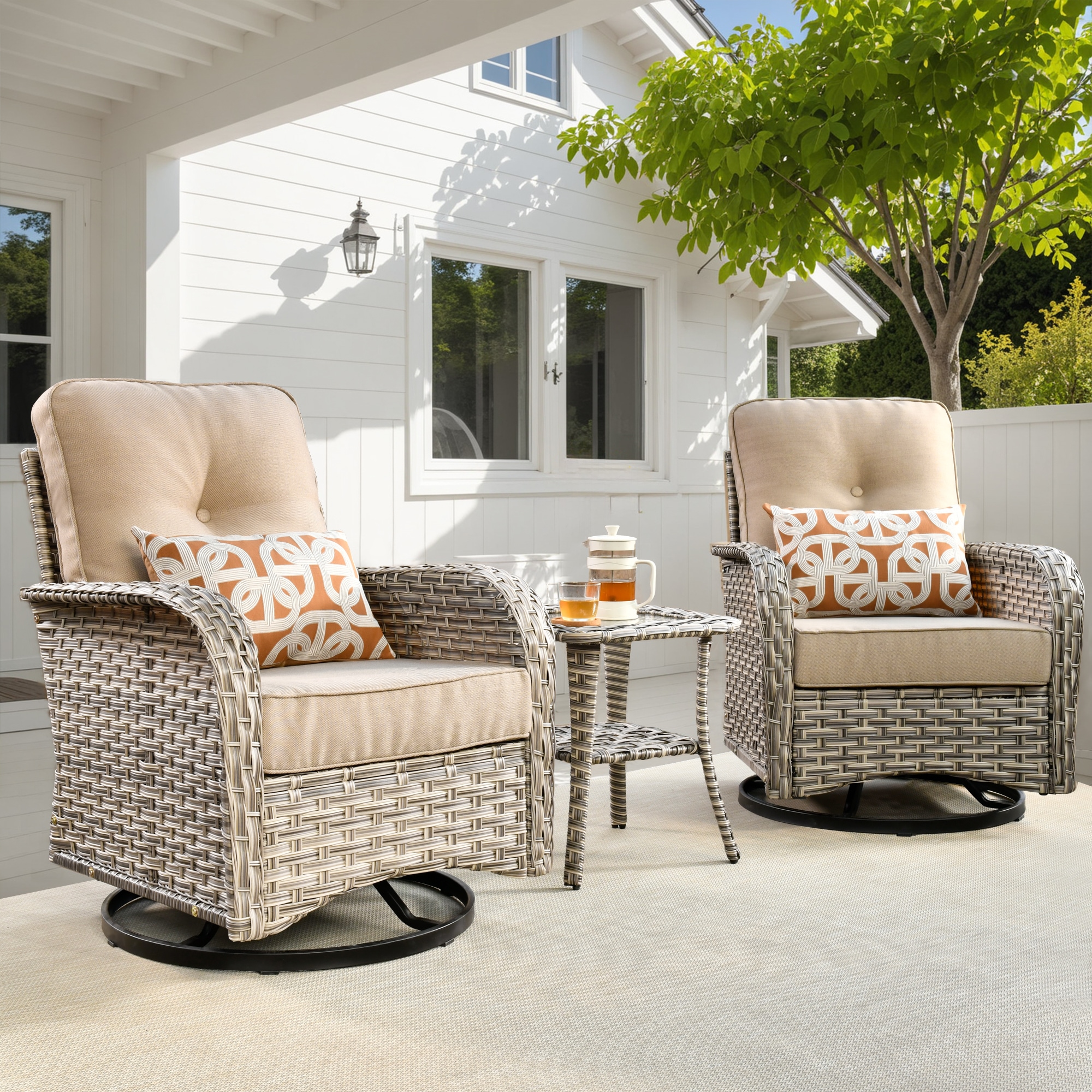 Ovios VNC-6Y 3 -Piece Wicker Patio Conversation Set with Beige Cushions