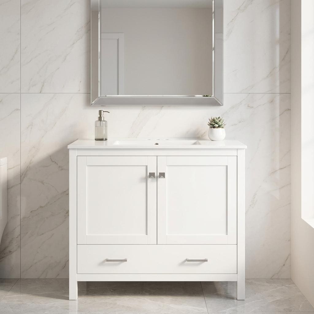 Homy Casa 36-in W White Bathroom Vanity with Soft Close Drawers Ceramic Sink Double Storage Shelves Divided Drawer