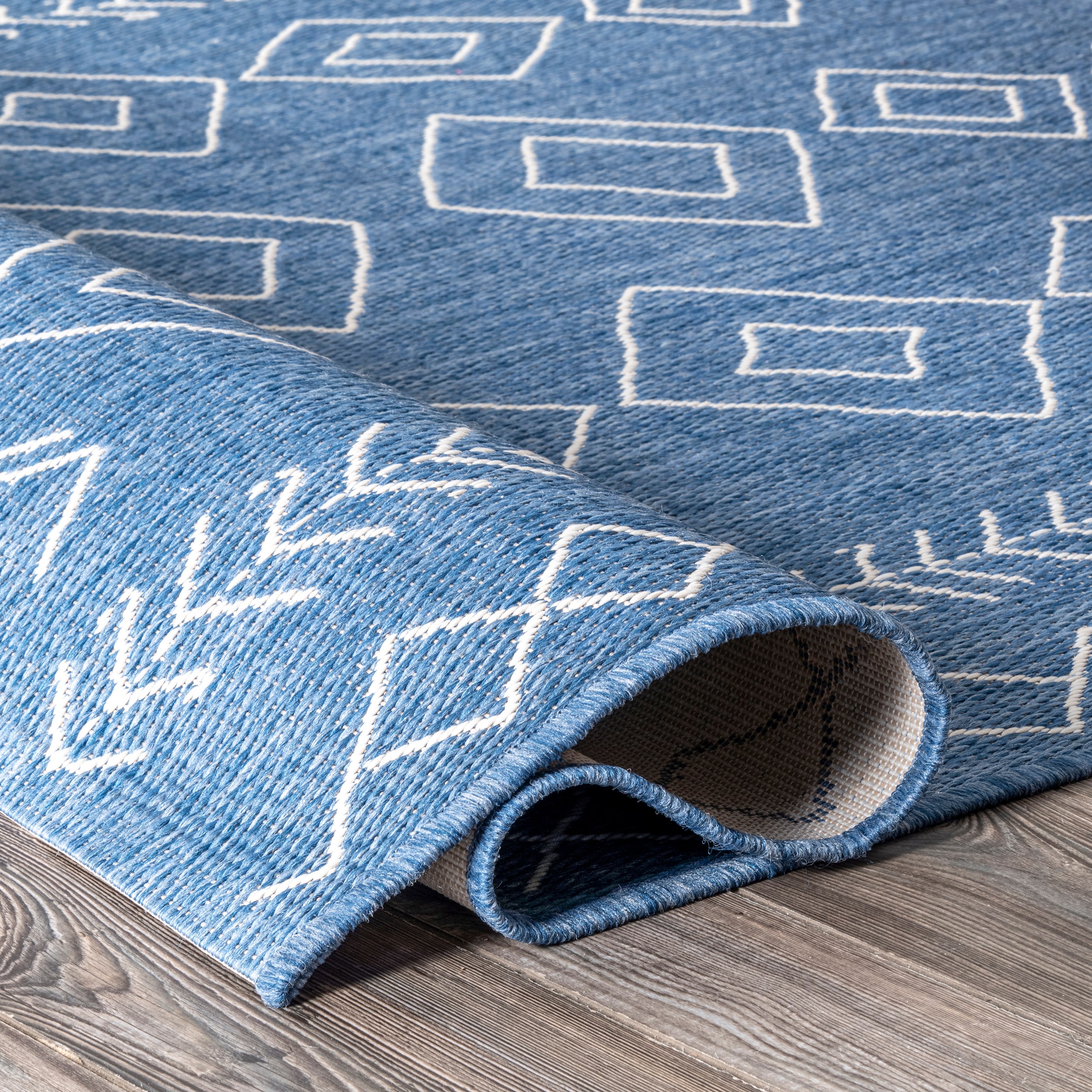 Blue Geometric Synthetic Easy Care Square Rug