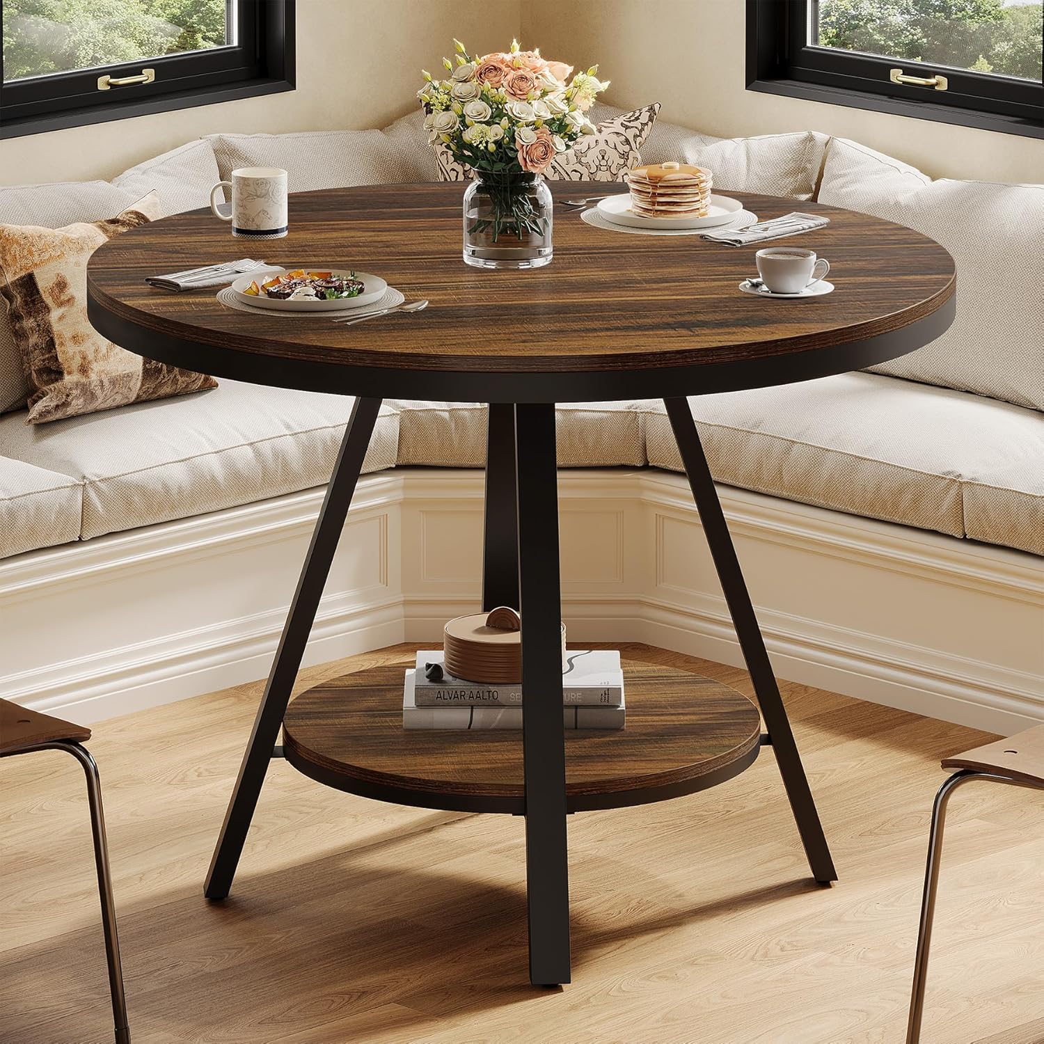 Tribesigns Rustic Brown Industrial Round Dining Table 35.4 L x 29.5 H ...
