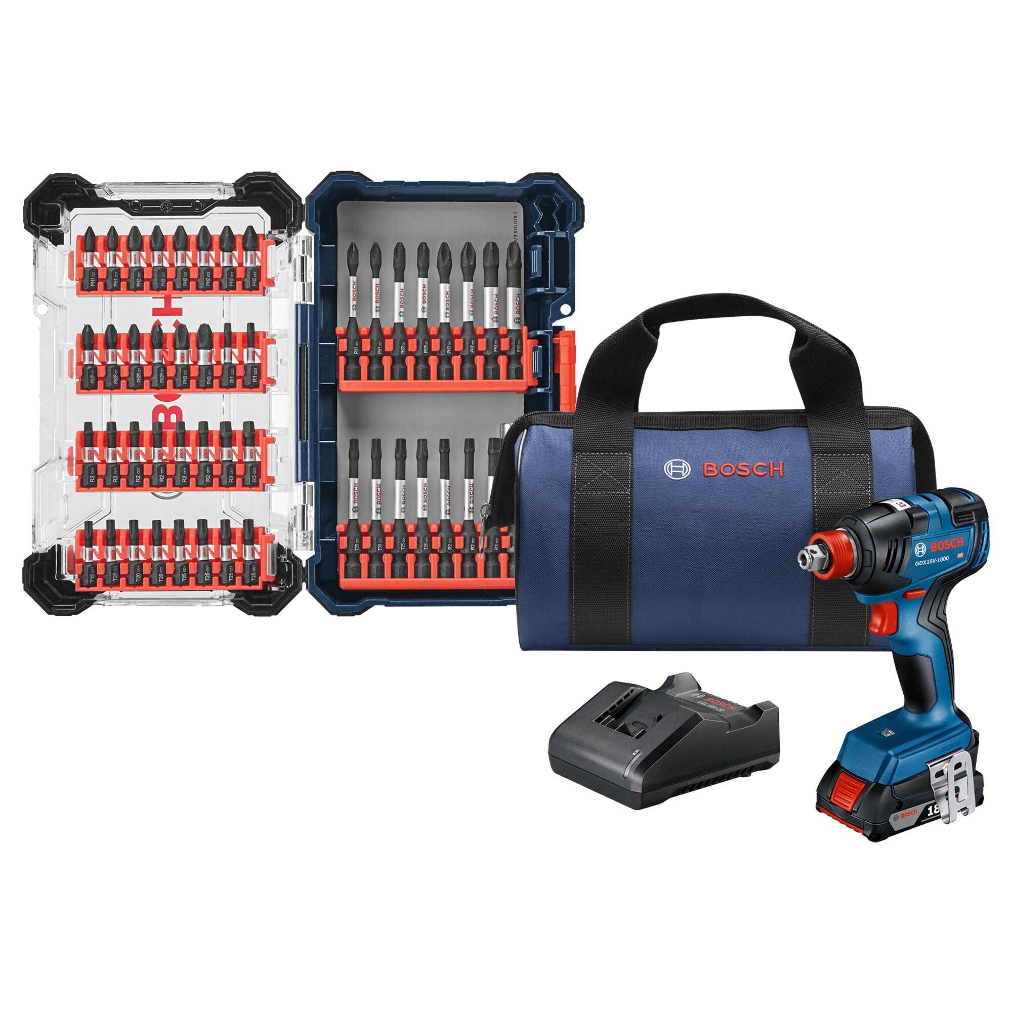 Bosch 18V Brushless 2-Tool Kit w/ Hammer Drill/2-in1 Impact Driver/ with 2x2.0ah Batteries, Charger and Bag + 48-Piece 1/4-in Impact Driver Bit Set