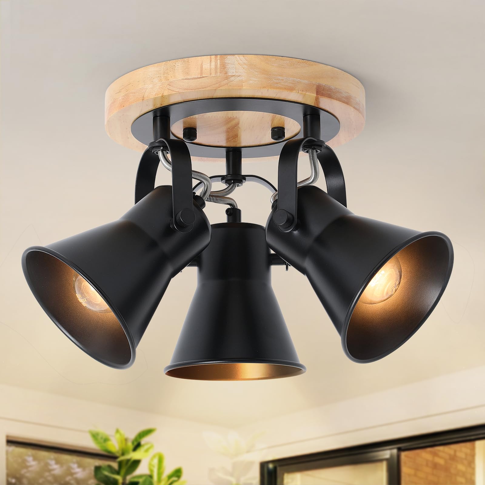 Ahfiwaso  3 Light Track Lighting Fixture Ceiling Adjustable Directional Heads with Black Metal Shades for Kitchen Bedroom Hallway Dining Room