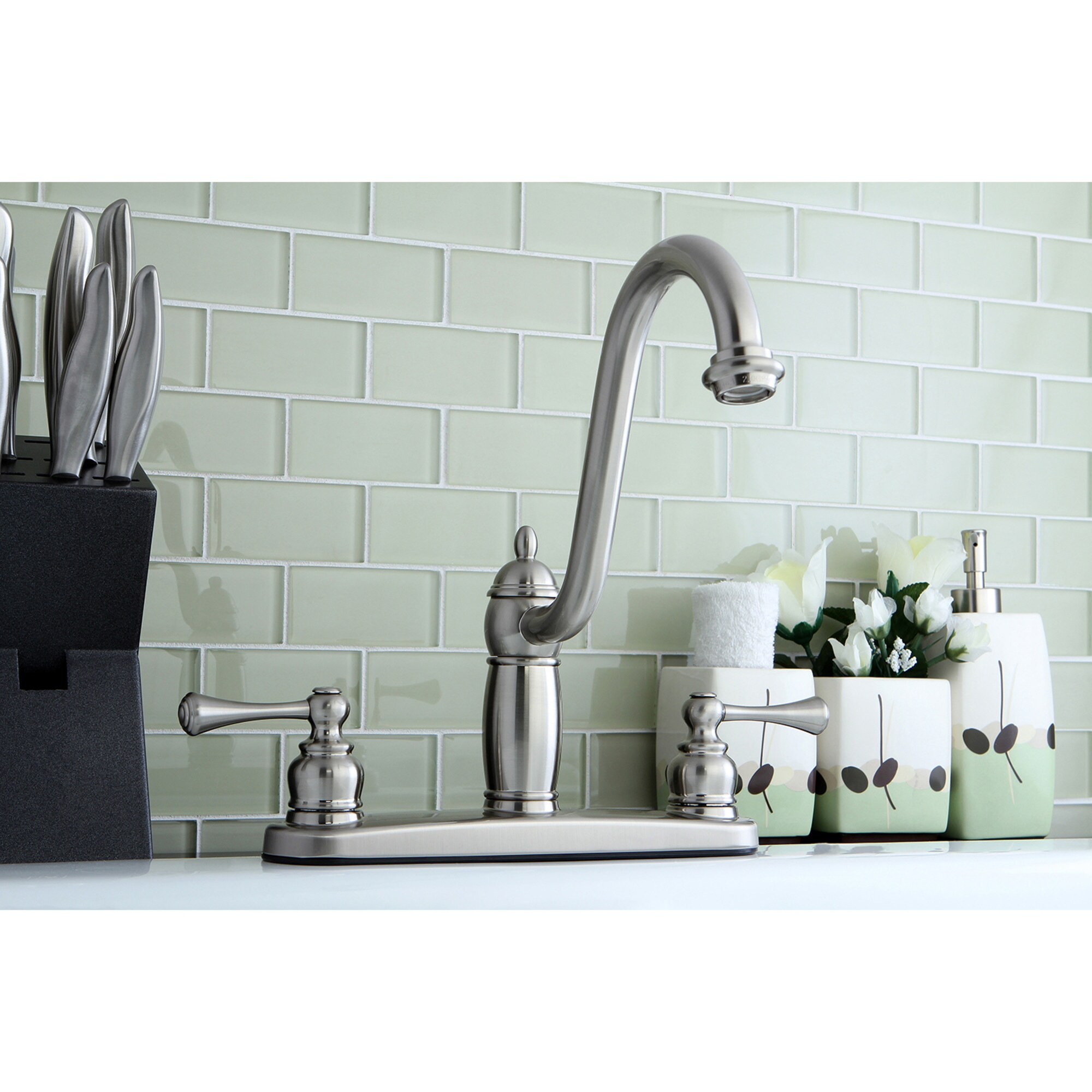 Elements of Design EB1118BLLS New Orleans Satin nickel Double Handle Deck-mount Handle Residential High-arc Kitchen Faucet ( Deck Plate Included )