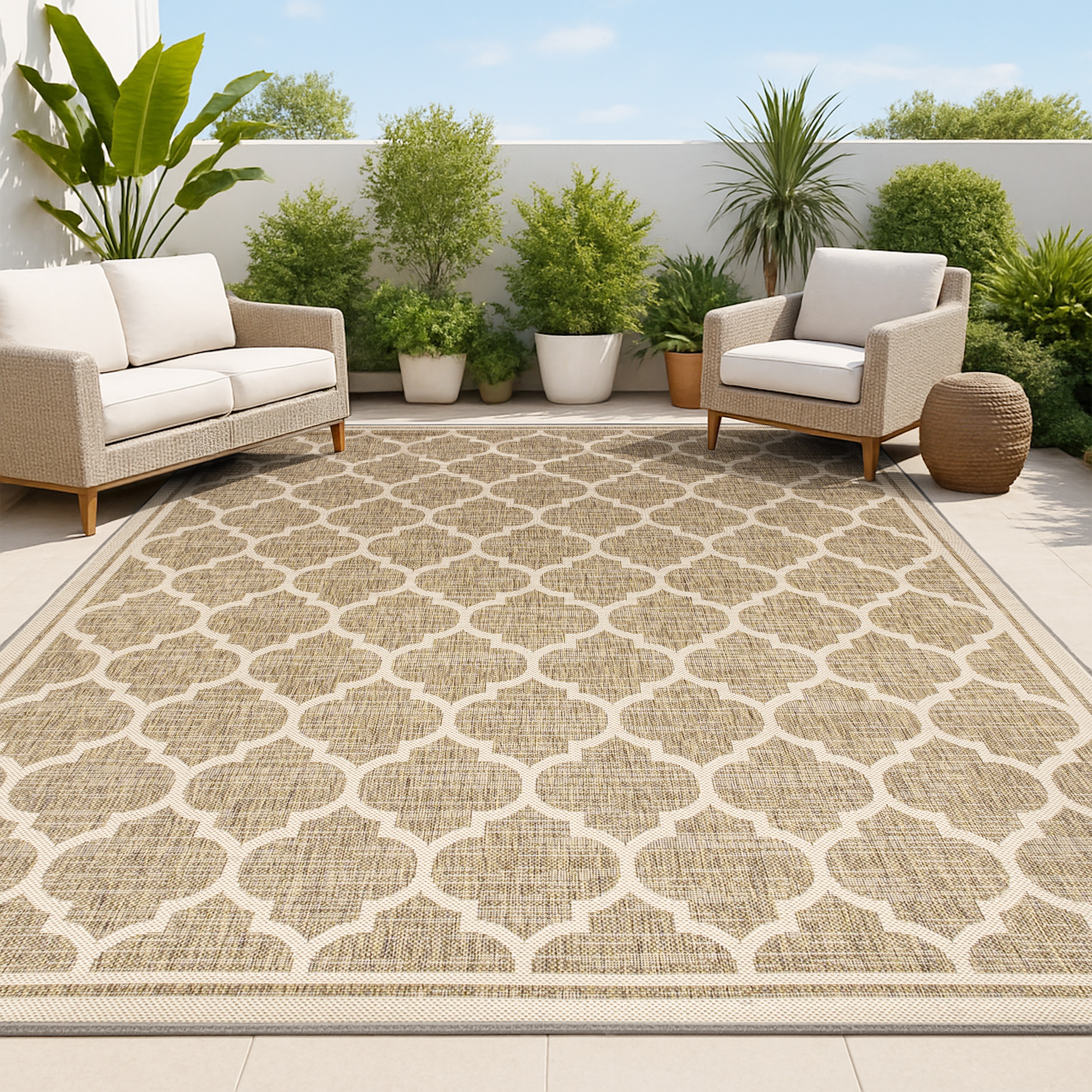 JONATHAN  Y SMB109A-8 Santa Monica Trebol Filigree Textured Weave 8 x 10 (ft) Loomed Polypropylene Brown/Beige Rectangular Indoor/Outdoor Distressed/Overdyed Coastal Area rug