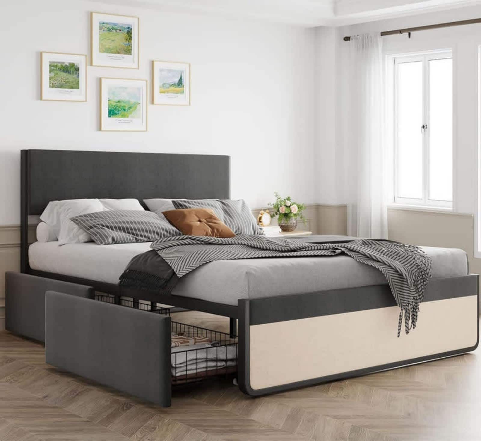 Qeetex VGX-PHO-0RB41LOH Full Gray Linen Bed Frame with Headboard and 2 Storage Drawers Mattress Foundation Platform Bed Frames with Metal Slats Support No Box Spring Needed Noise Free Easy Assembly