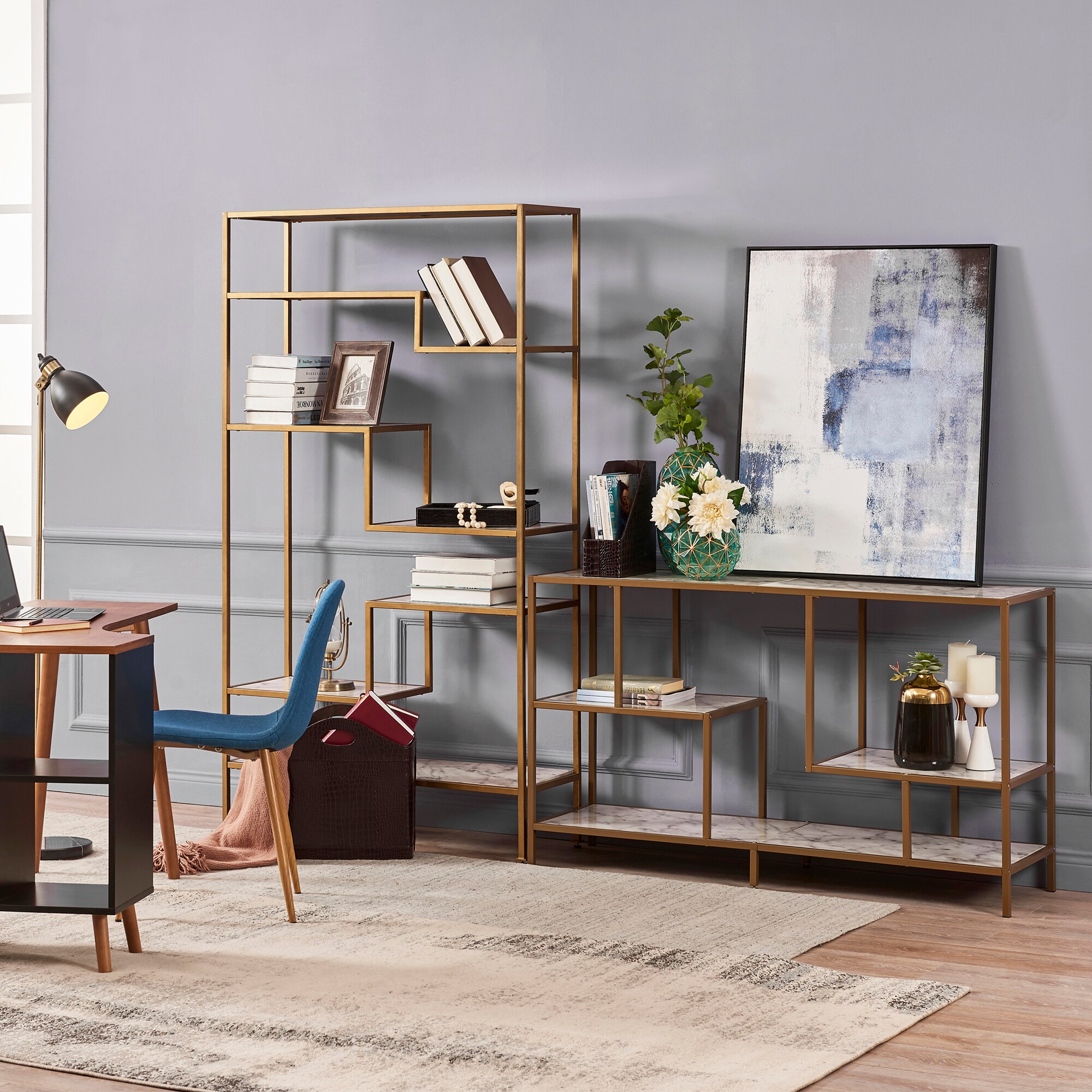 Elegant Marmo 54" Faux Marble Top TV Stand with Brass Finish