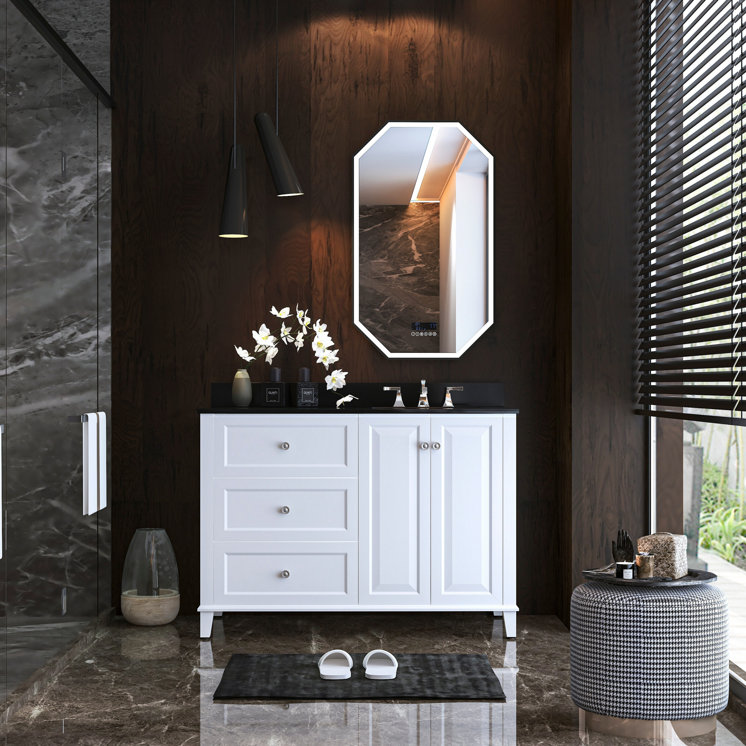 Ancerre Designs VTSMHANNAH48RWB1 Hannah 48-in White Undermount Single sink Bathroom Vanity with Black Quartz Quartz Top
