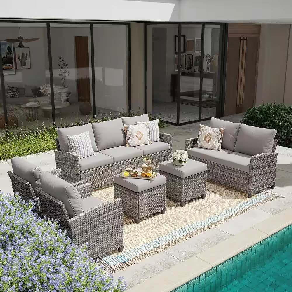 Forclover HYFAS53NY Outdoor Sofa Set 6 -Piece Rattan Patio Sofa Conversation Set with Gray Cushions