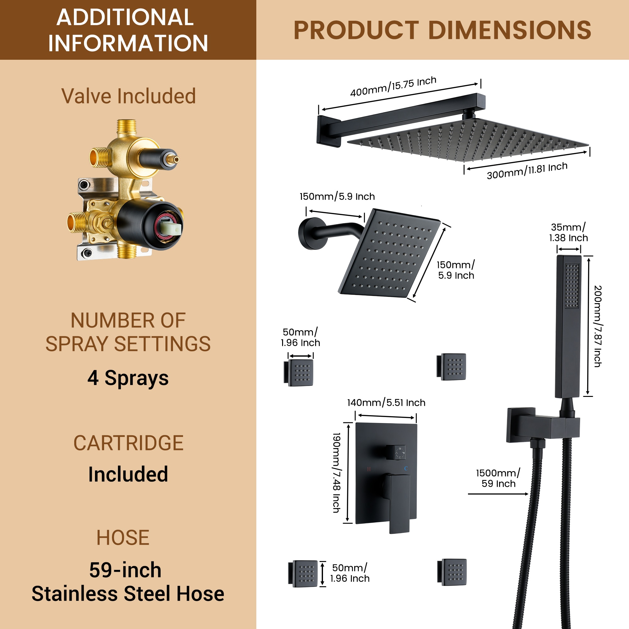 CASAINC CS6221-12MB Showerhead-Bar-Panels - View #11