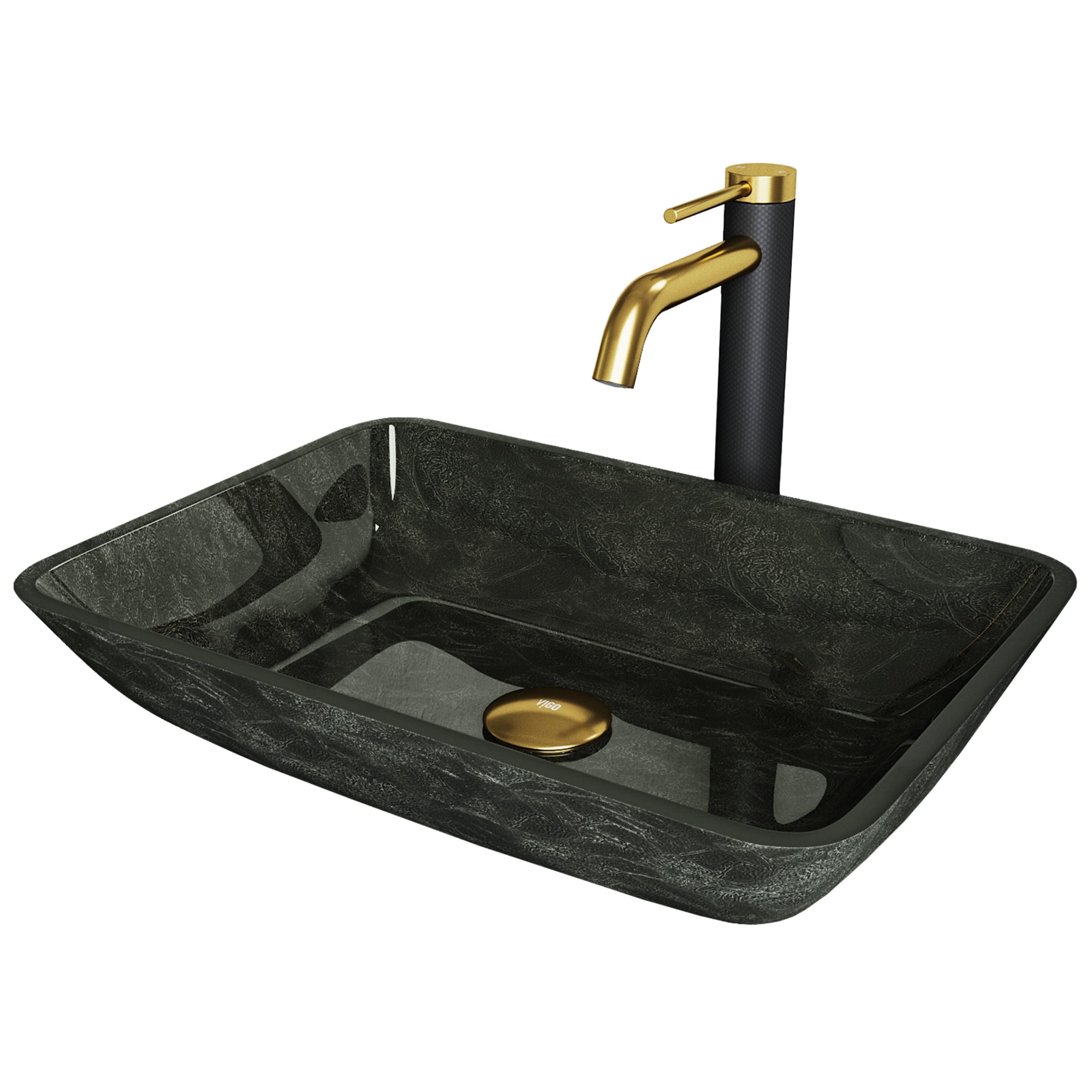 VIGO VGT2022 Onyx Gray Glass Vessel Rectangular Modern Bathroom Sink with Faucet and Drain Included (18-in x 13-in)