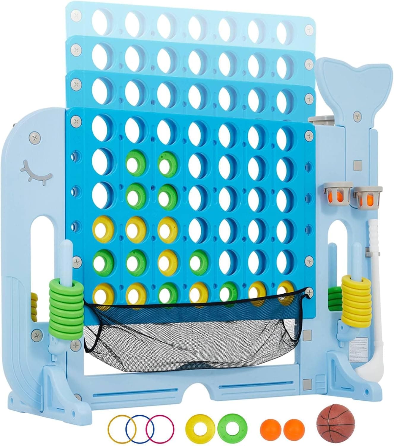 Garvee Giant 4 to Score Game Set 4 in 1 Jumbo 4 in a Row Game with Mesh Pocket Quick Release Slide Adjustable Height Basketball Golf Ring Toss for Kids Adults Indoor Outdoor