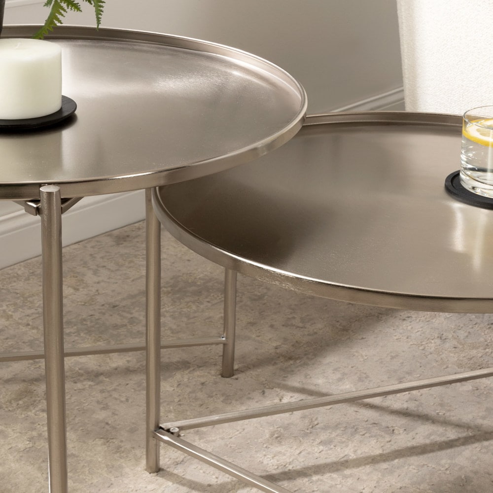 Ulani Satin Silver Nesting Metal Side Tables, Set of 2