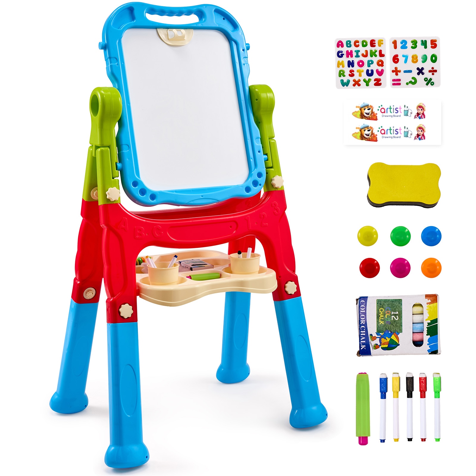 VEVOR SCZLSKSLZLSD06481V0 Art Easel for Kids  2-in-1 Double-Sided Kid's Art Easel with Magnetic Whiteboard and Chalkboard  Adjustable Standing Rotatable Removable Drawing Board with Painting Accessories for Boys and Girls