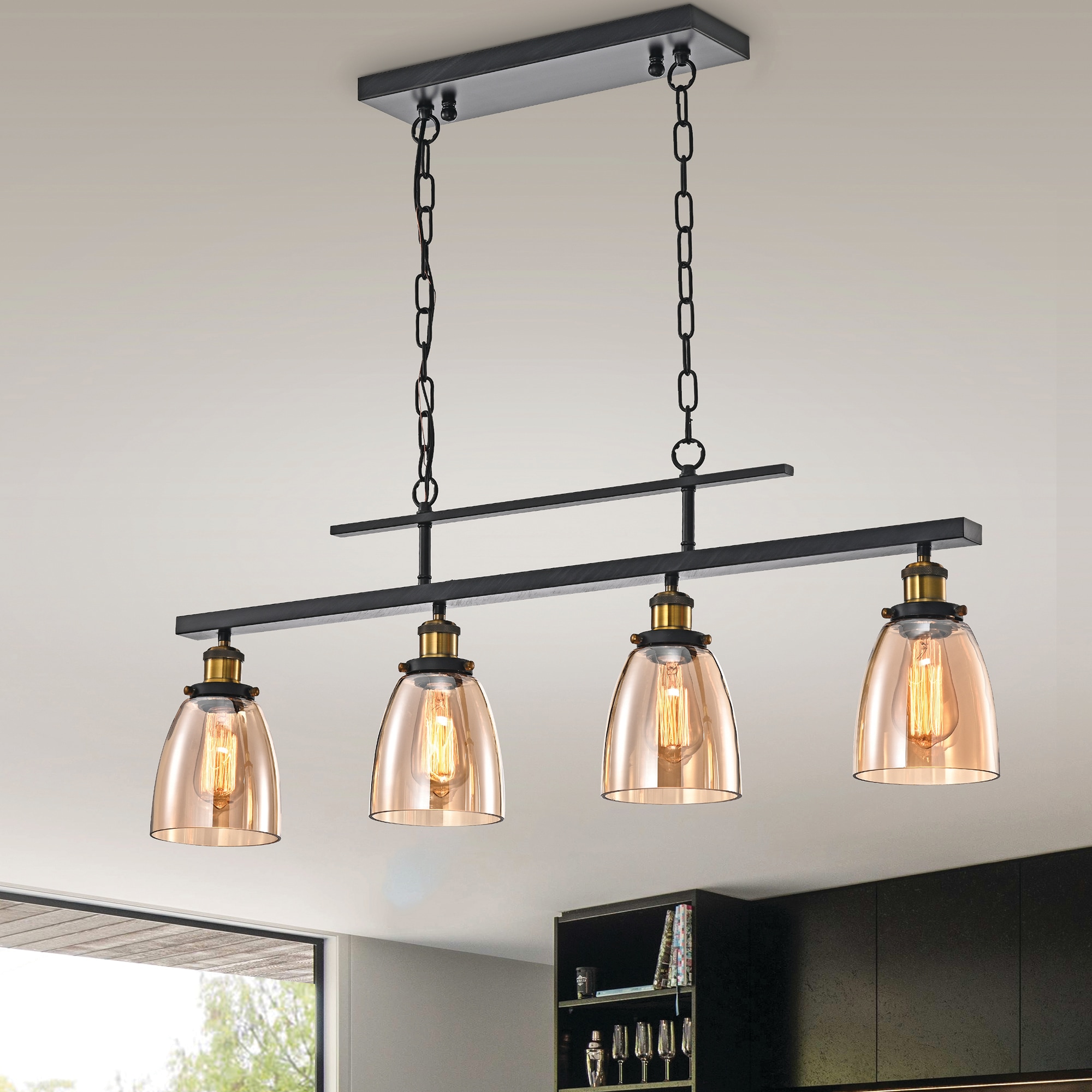 Walden Antique Black 4-Light Linear Kitchen Chandelier with Amber Glass