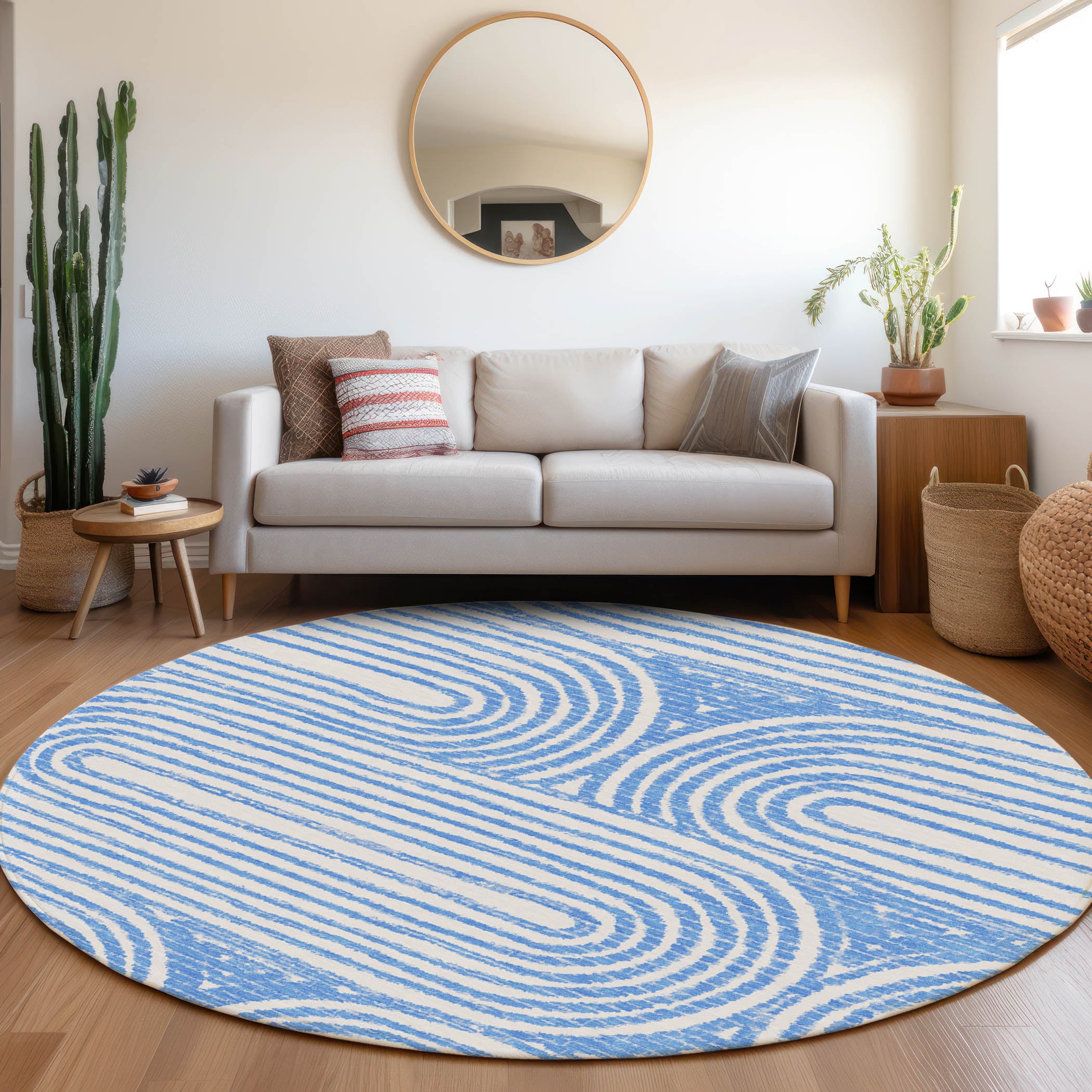 Addison Rugs ACN540BU8RO Chantille ACN540BU 8 x 8 (ft) Polyester Blue Round Indoor/Outdoor Stripe Mid-Century Modern Machine washable Area rug
