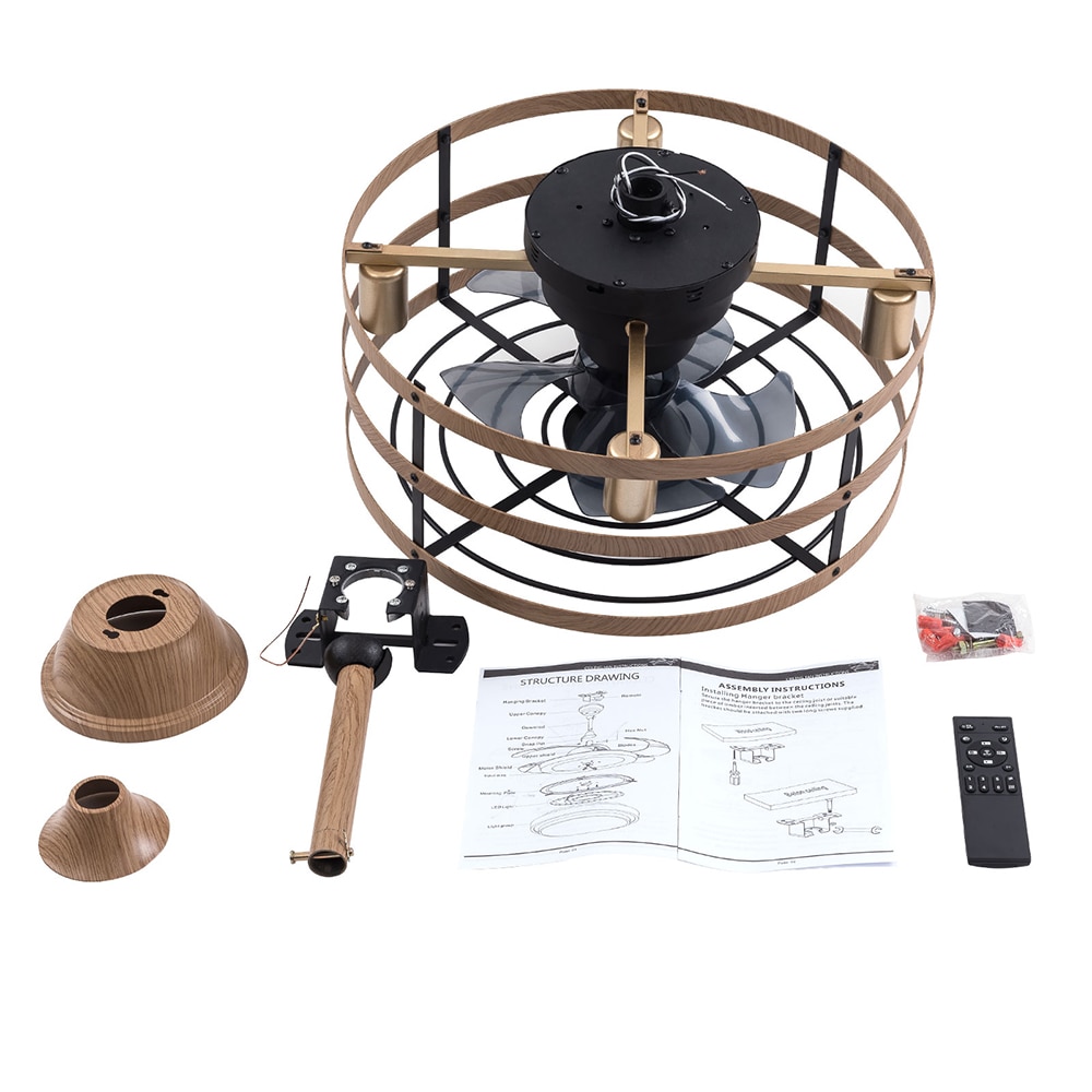 18-Inch Light Brown Caged Ceiling Fan with Remote and Lighting