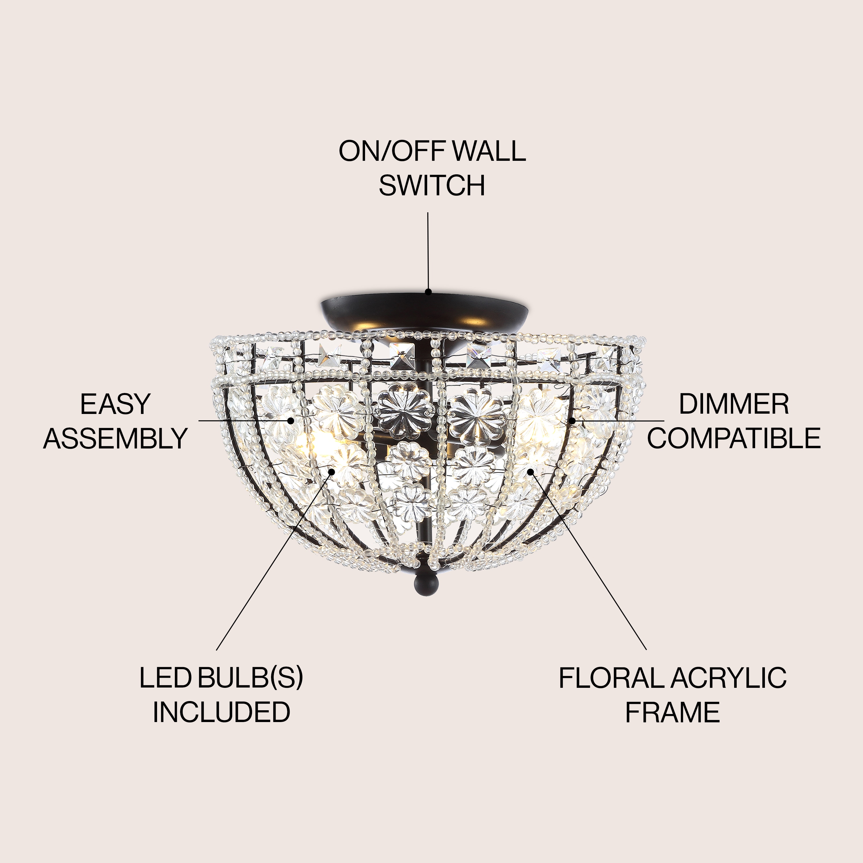 Billie 12" Black Crystal Flower LED Semi-Flush Mount