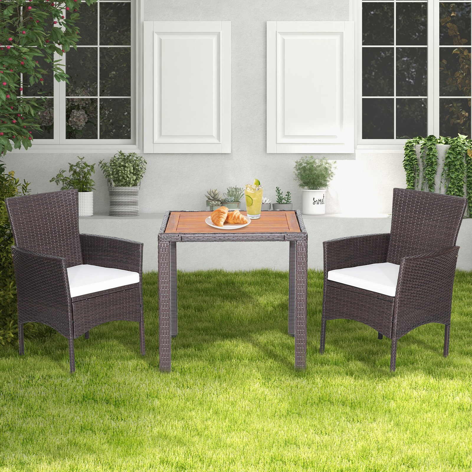 Forclover HBV-0678 3 -Piece Rattan Patio Conversation Set with White Cushions