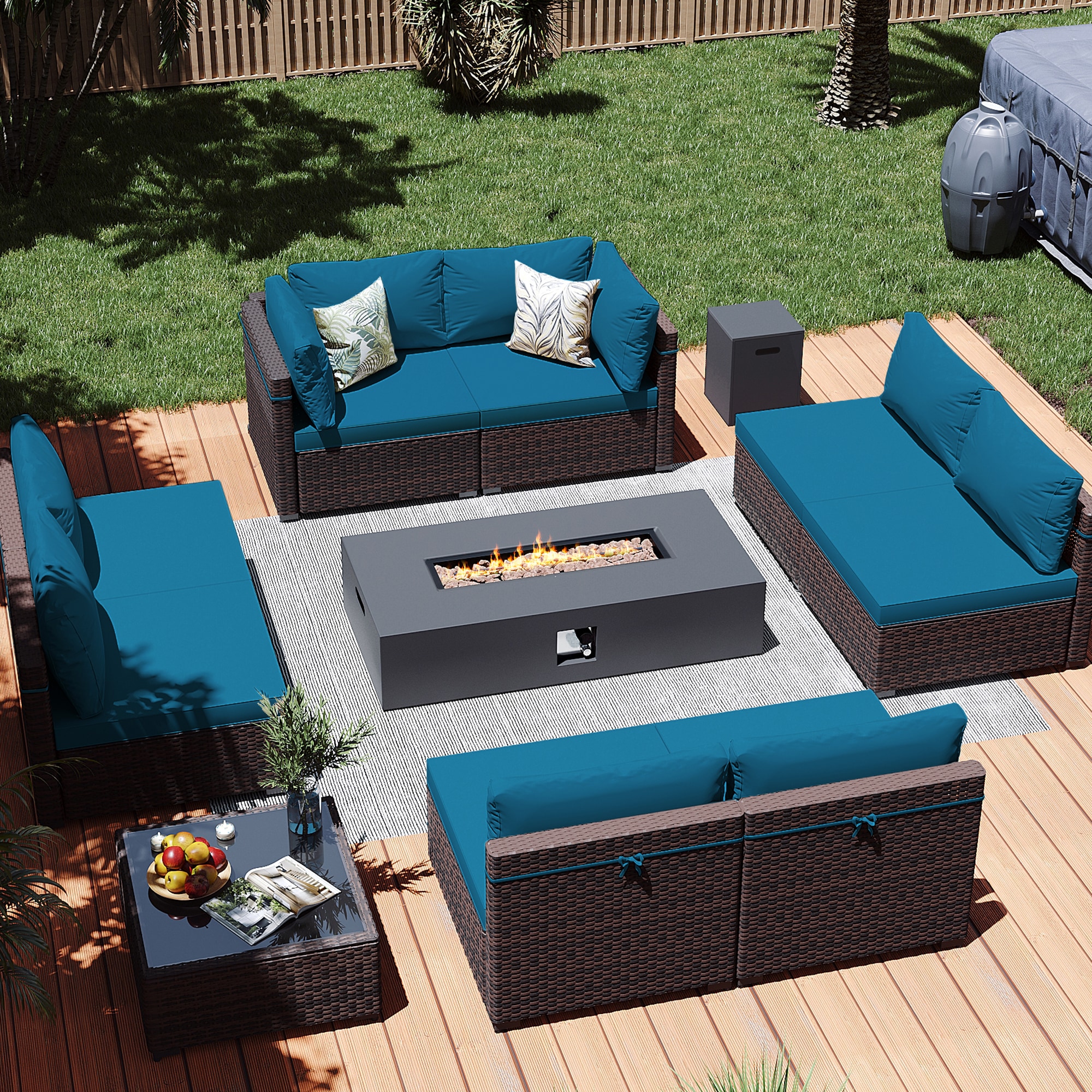 Patio Watcher LS-RT9-KD56DK-B5 10 -Piece Rattan Patio Conversation Set with Blue Cushions