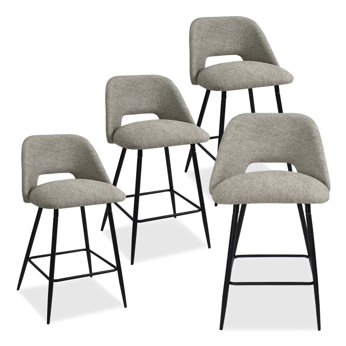 Maison Boucle EDWIN-MIDBAR-LTGR-4 Set of 4 Light Gray Upholstered Counter Stools with Backrest and Black Metal Legs for Modern Kitchen