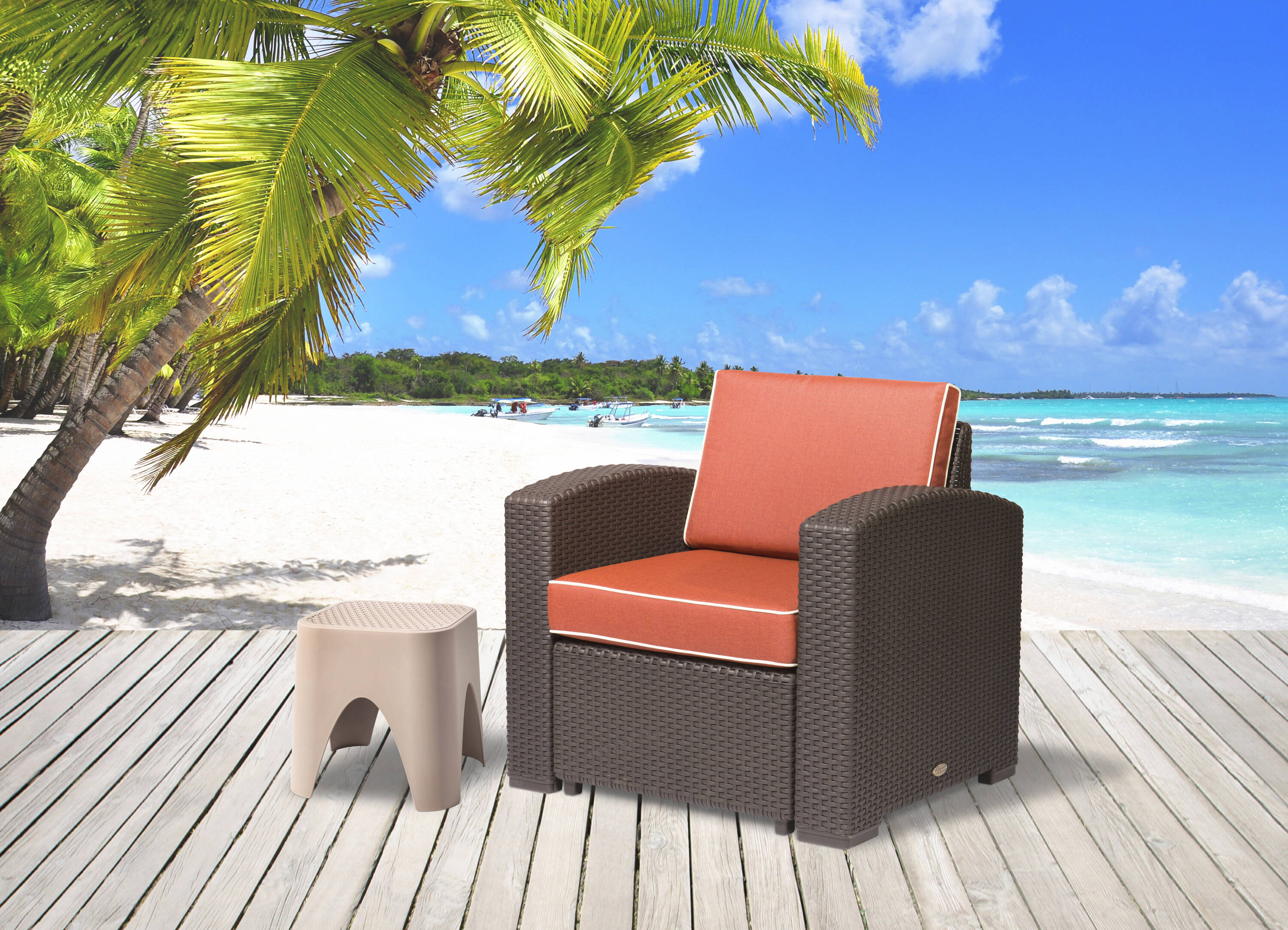 Lagoon 7023N3-CCLGR Magnolia Rattan Brown Rattan Frame Stationary Conversation Chair with Red Cushioned Seat
