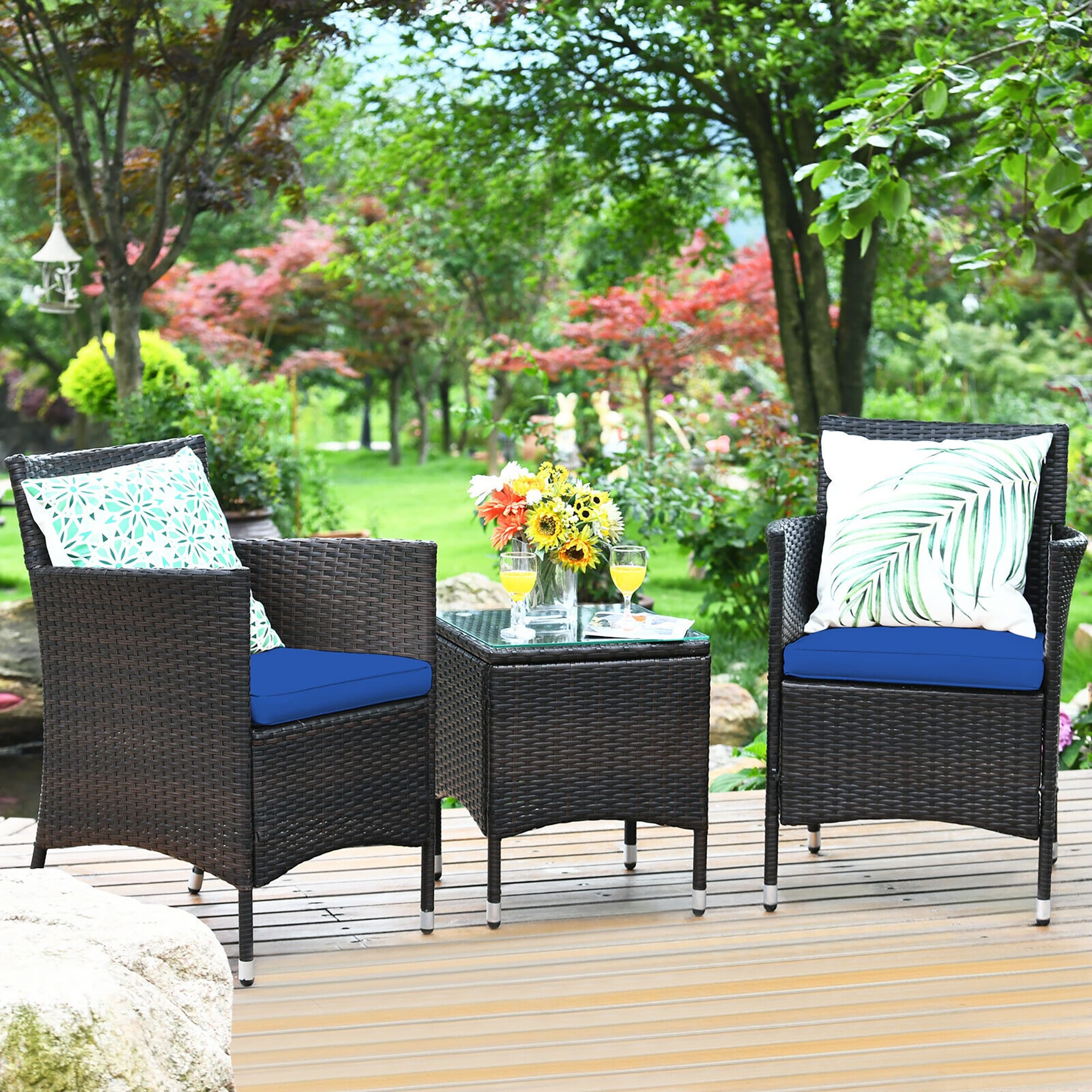 BABOOM BOM-50NY-CO Patio Furniture Set 3 -Piece Rattan Patio Conversation Set with Blue Cushions