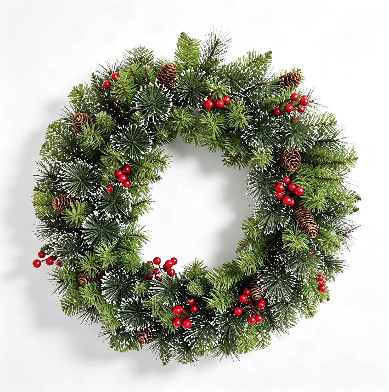 Aoile 30 in White Frosted Christmas Wreath with Pine Cones and Red Berries - Large Mantel Porch Display