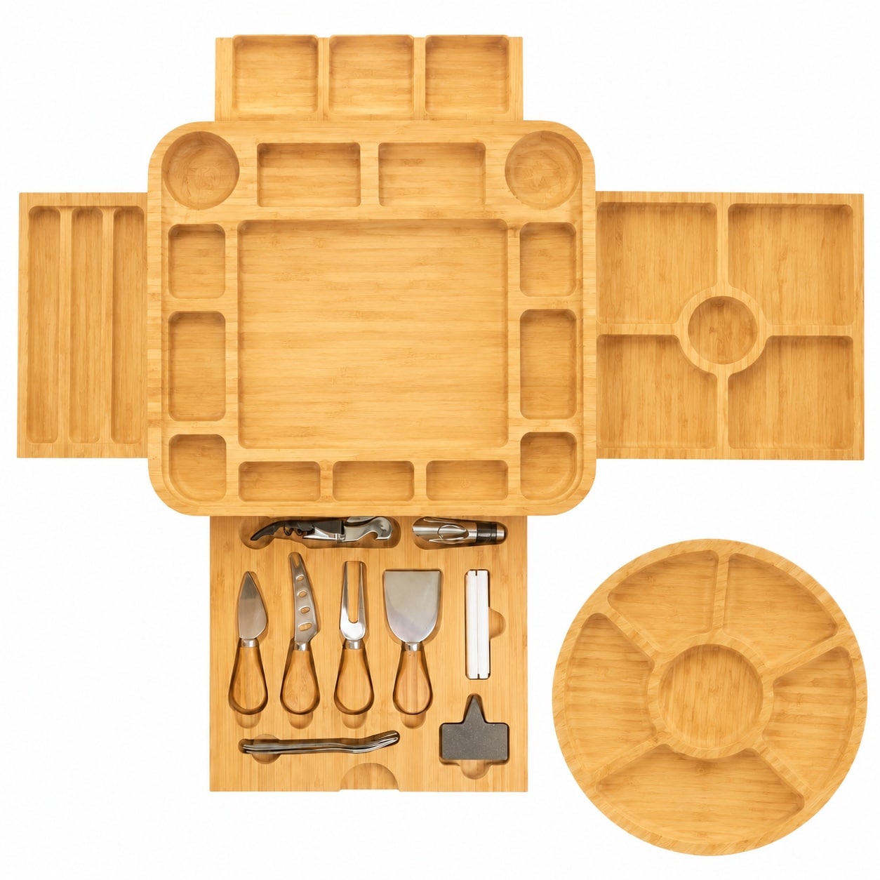 Aoibox  15 in Bamboo Charcuterie and Cheese Board Gift Set with 4 Magnetic Drawers Knives Bowls and Tray