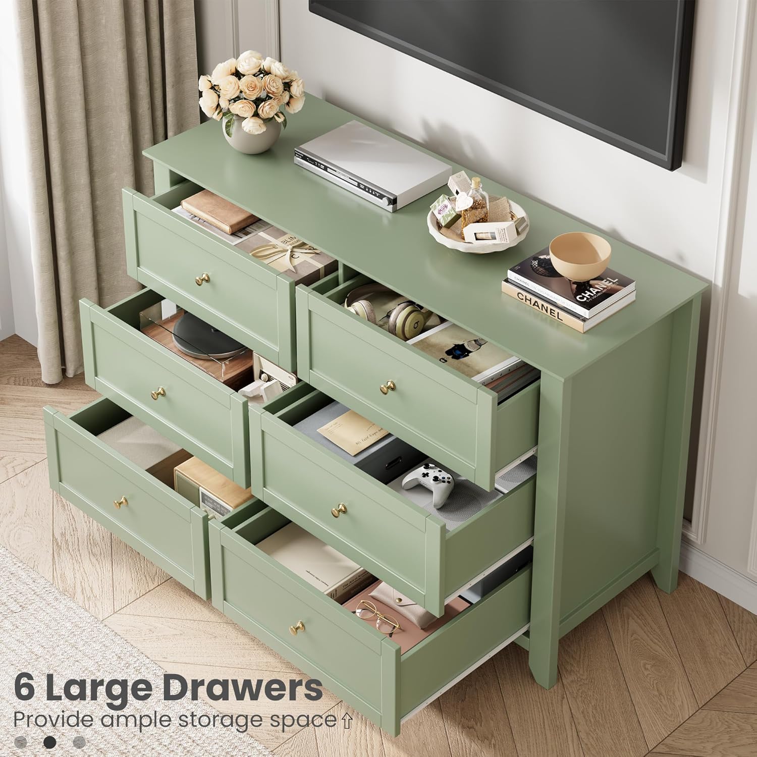 sage green dresser with gold hardware Garvee 6 Drawer for Bedroom Large Dresser Deep Drawers Metal Knobs Modern Wooden Chests of Drawers for Entryway Hallway in the Dressers department at It will be a