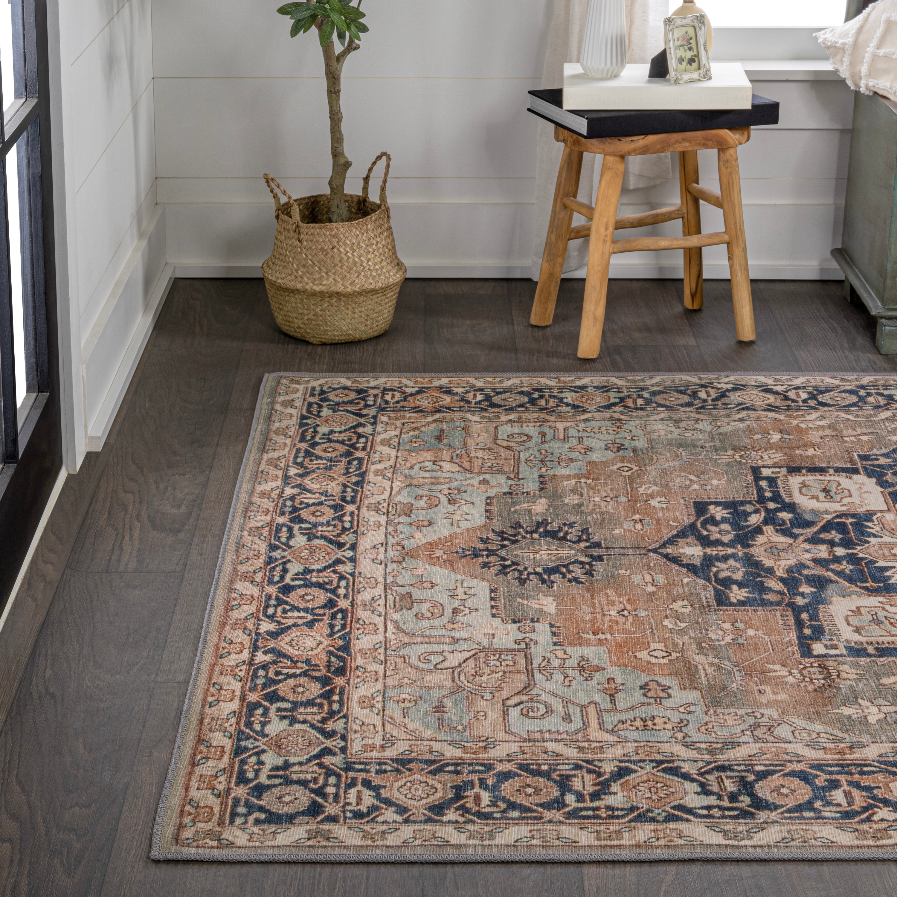 Maris Ornate Medallion Machine-Washable Beige and Blue Chenille Area Rug