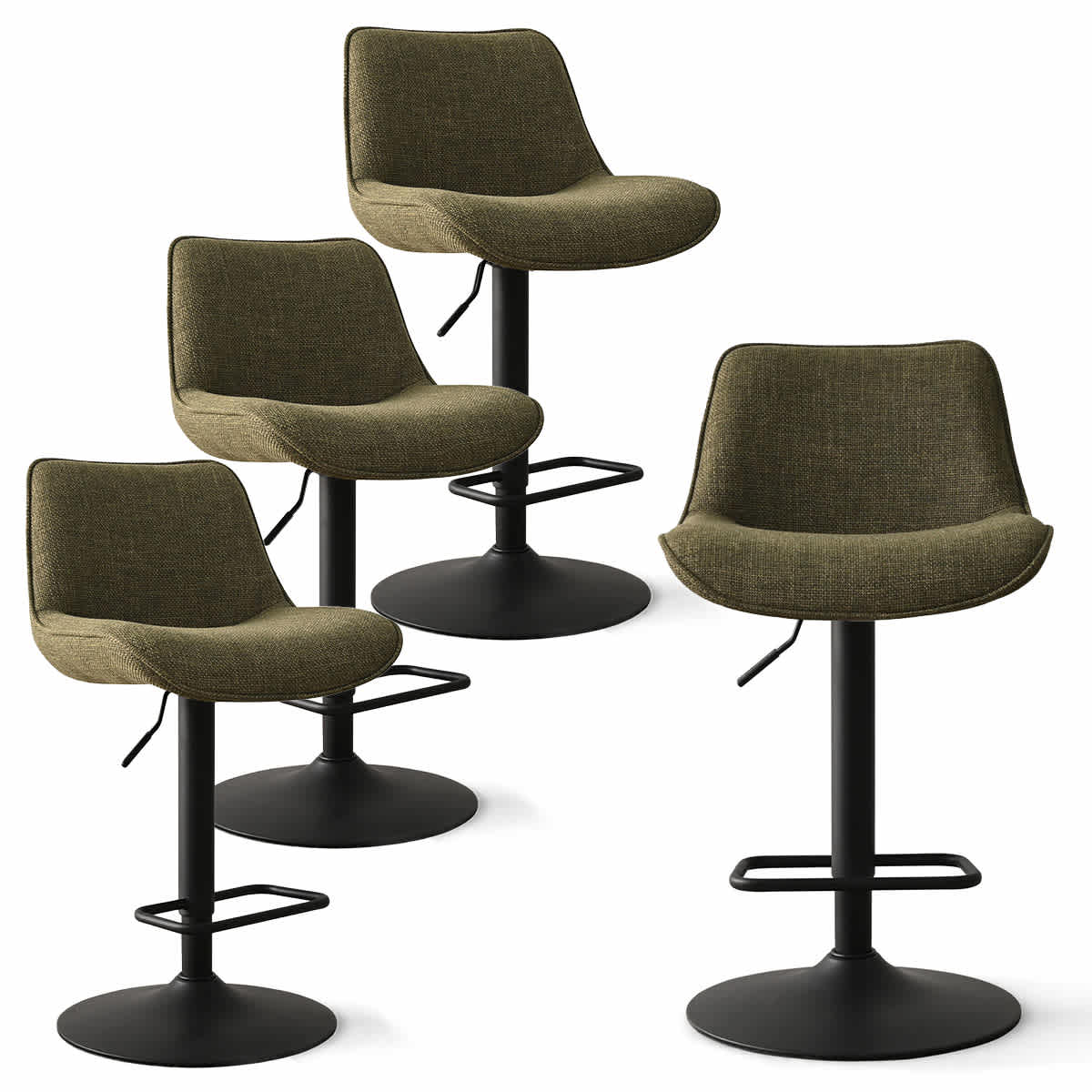 Maison Boucle HUNTER-AB-GREEN-4 Set of 4 Green Modern Fabric Bar Stools with 360 Swivel Adjustable Height Padded Counter Stools