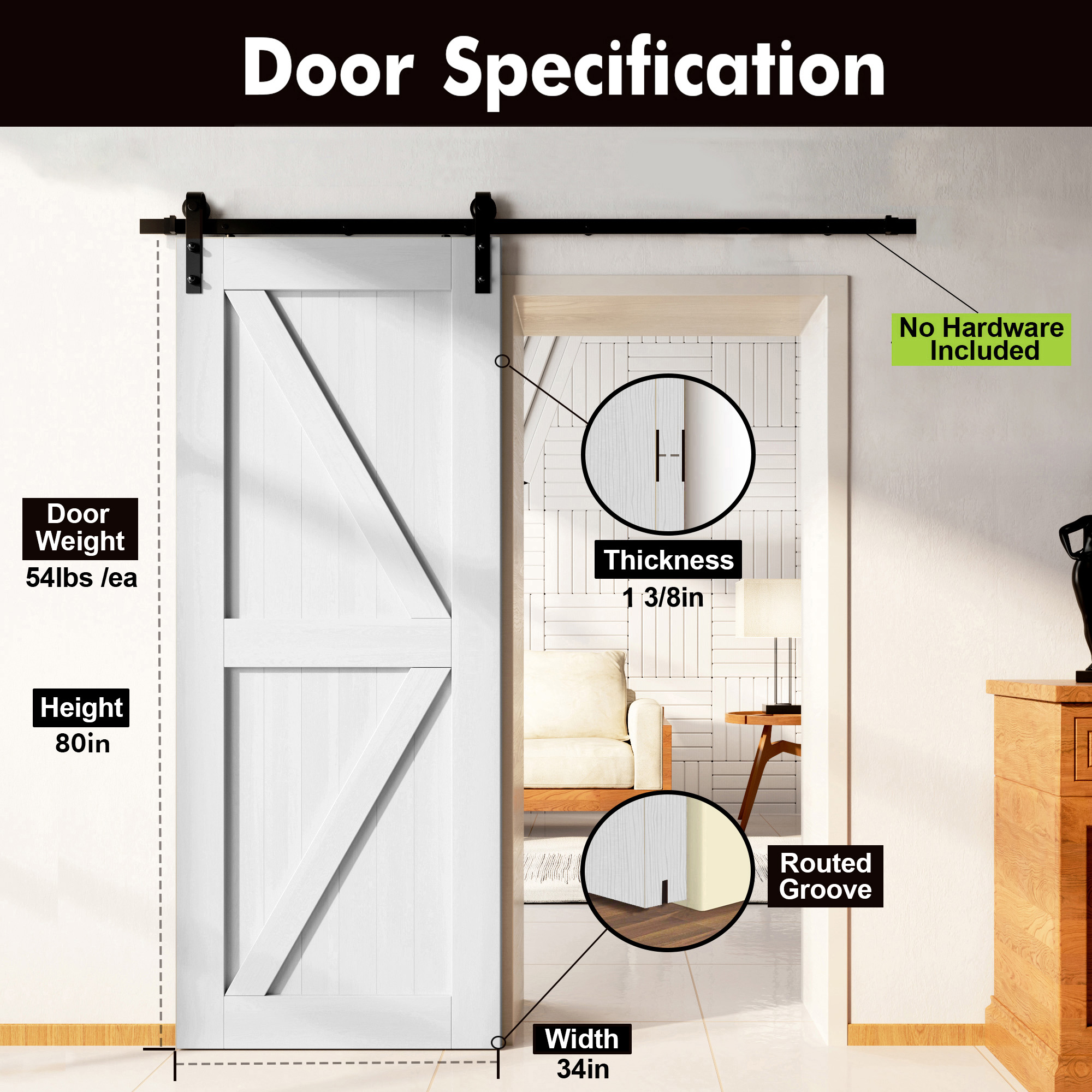 HOMACER 3480F-WHITE Barn-Doors - View #3