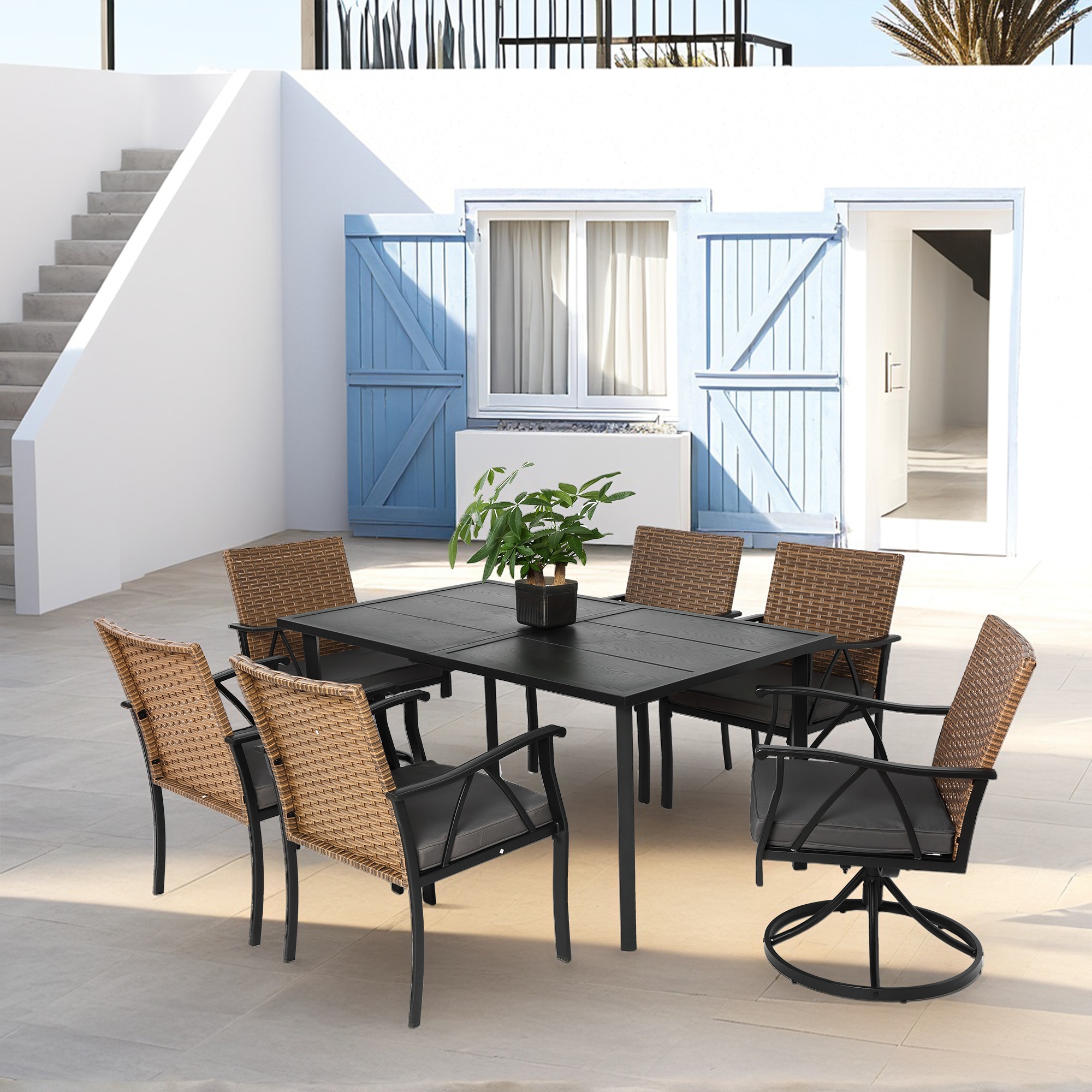 CESICIA R38-9P-GRB 7 -Piece Wicker Patio Conversation Set with Gray Cushions