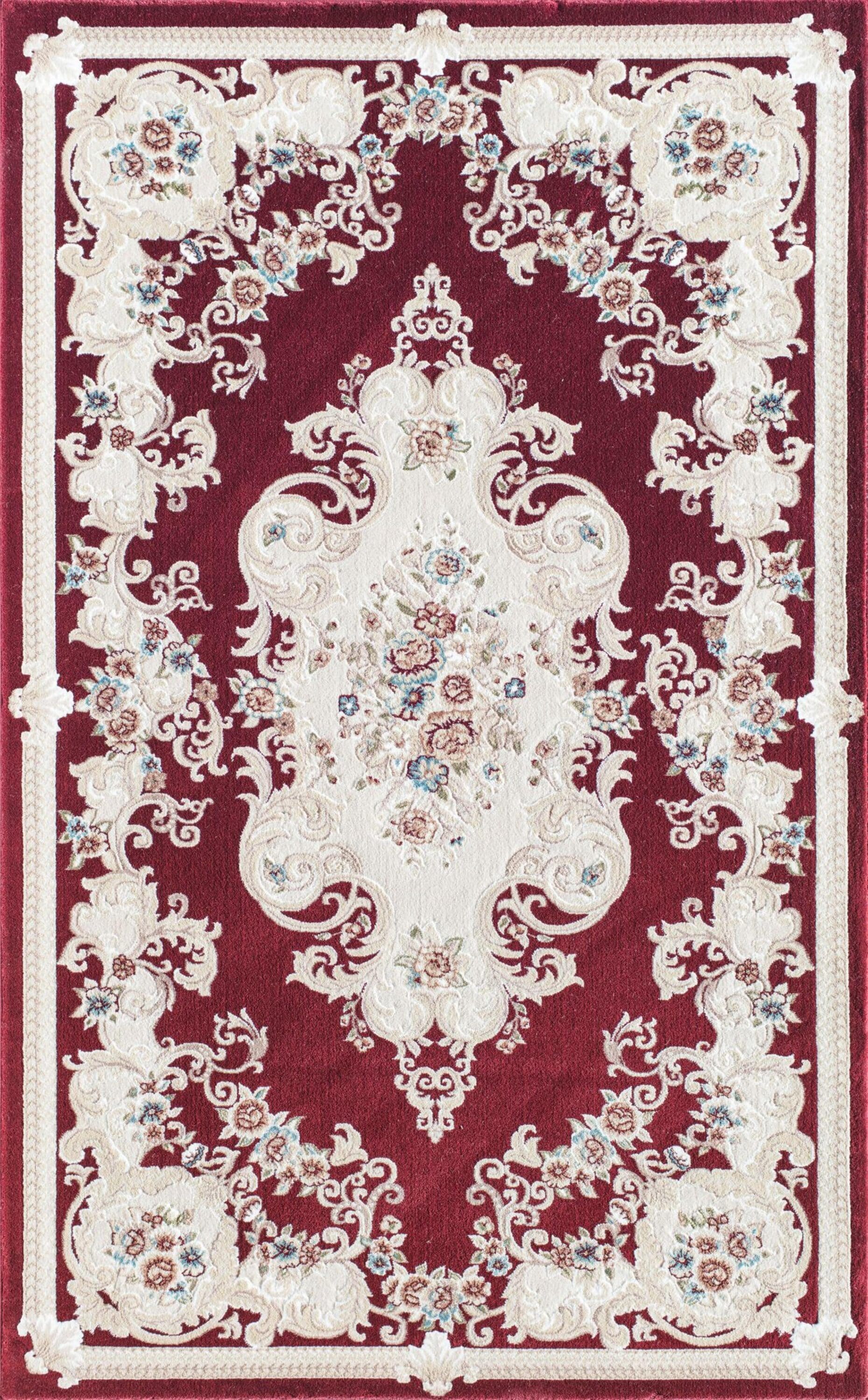 Classic Burgundy and White Synthetic Round Area Rug, 5' x 5'