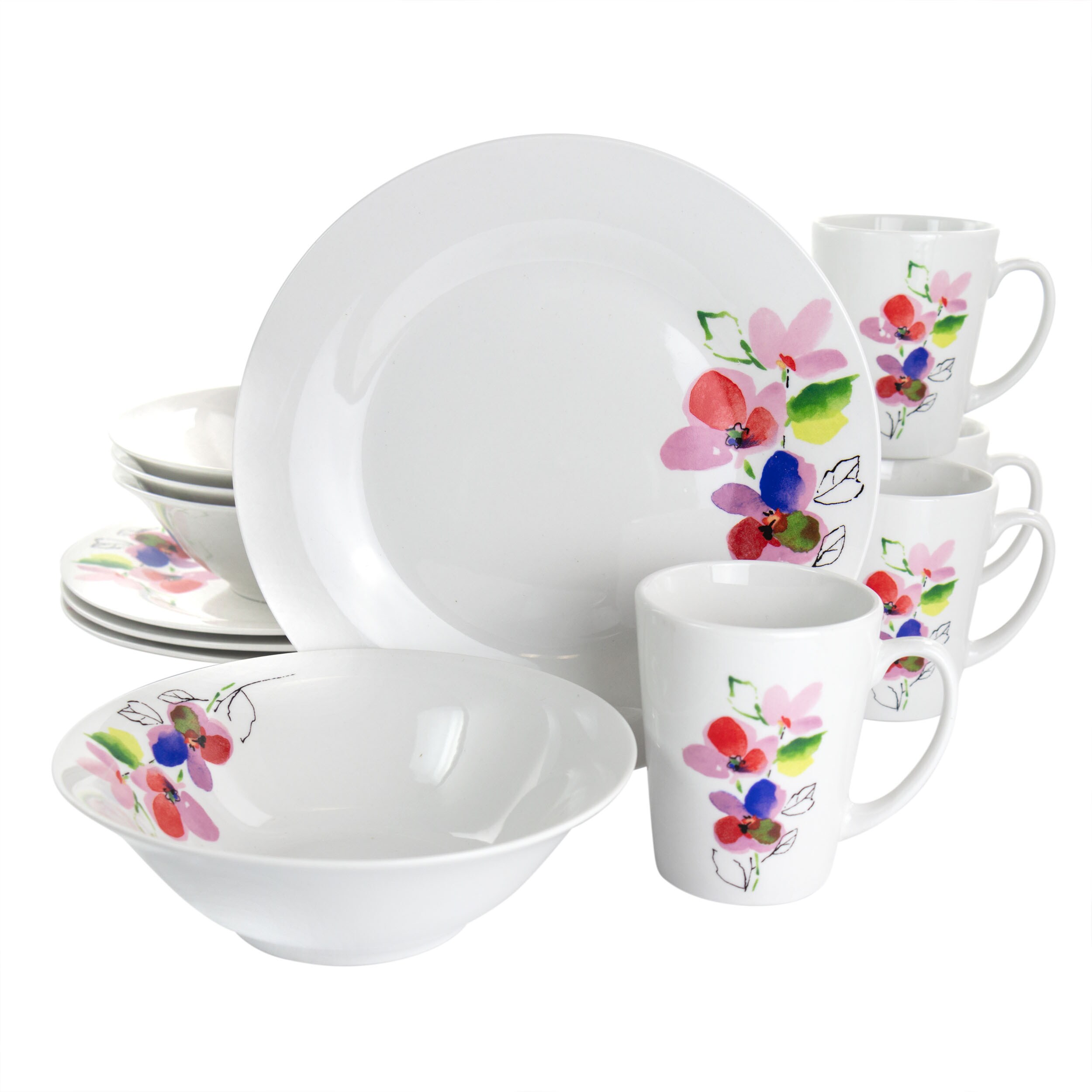 Gibson Home  Vineyard Rose 12 Piece Round Fine Ceramic Dinnerware Set in White