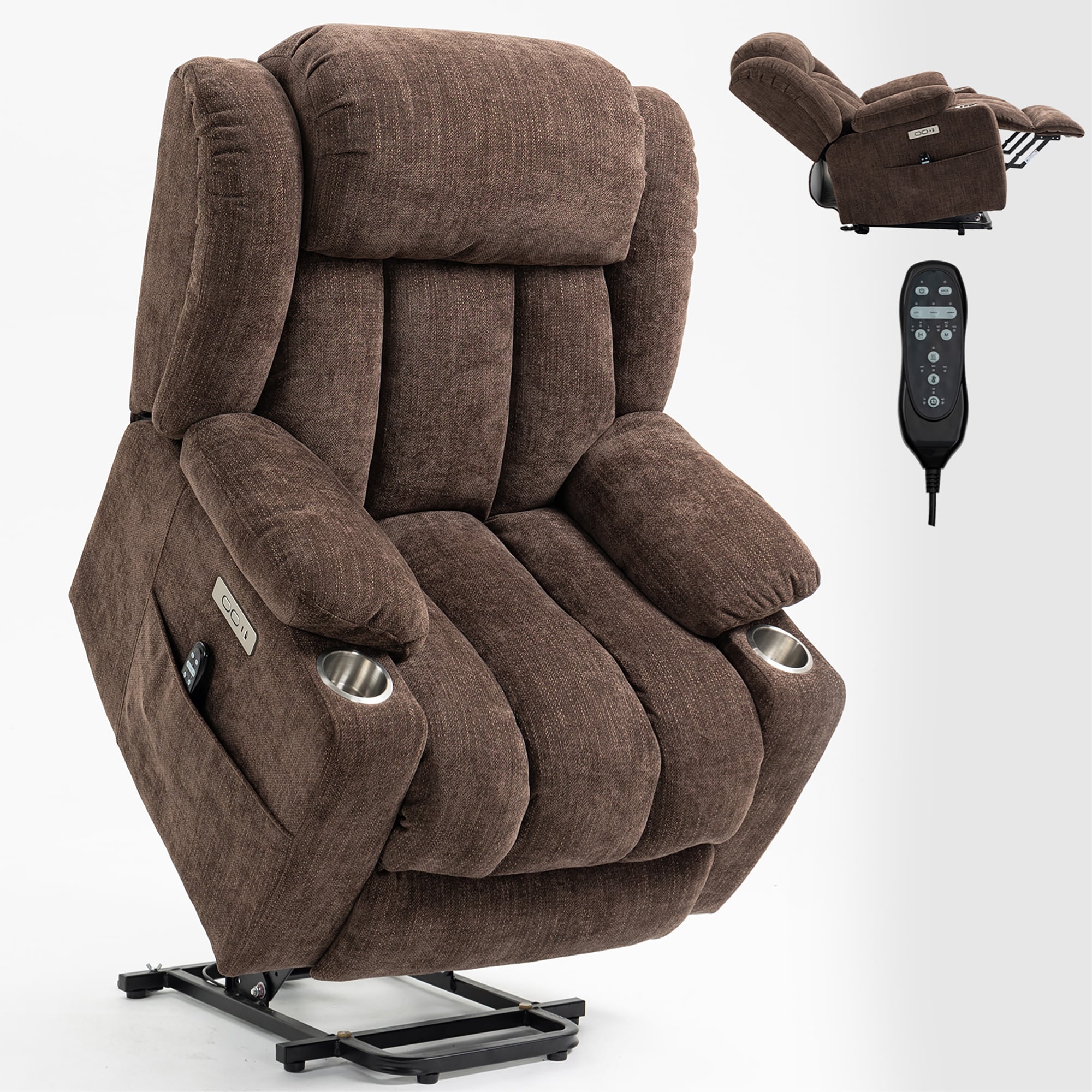 Sumyeg WM-SM000118AAK Up to 350 LBS Chenille Power Lift Recliner Chair Brown Chenille Upholstered Powered Reclining Massage chair with Lift Assistance