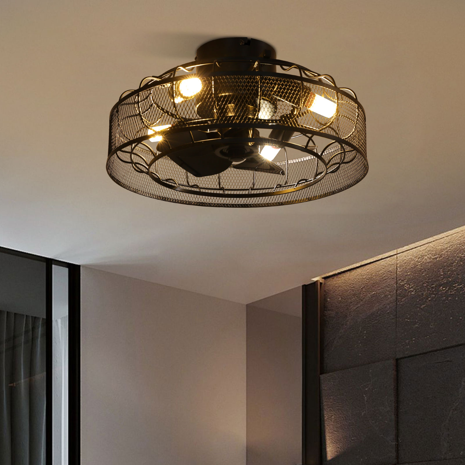 Oukaning HG-HCX9864-900US 18-in Flush Mount Black Modern Industrial Style 4-Light with ABS Blades Fandelier Ceiling Fan Light Kit Compatible - Remote Included ( 3 -Blade )