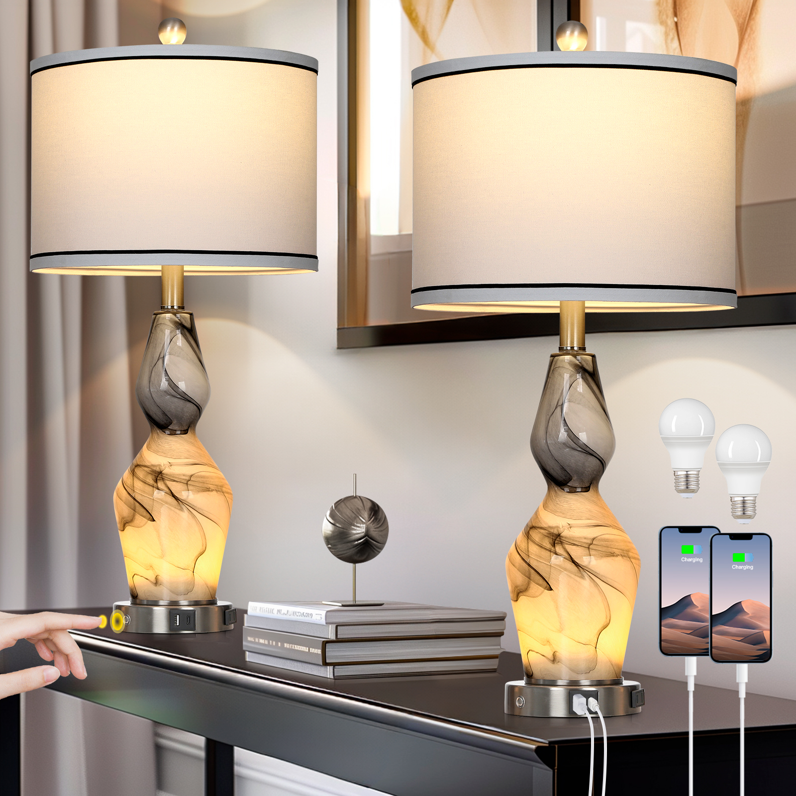 UrFurnishings TD-334 Arron 26.5-in black LED Rotary socket Table Lamp with Linen Shade