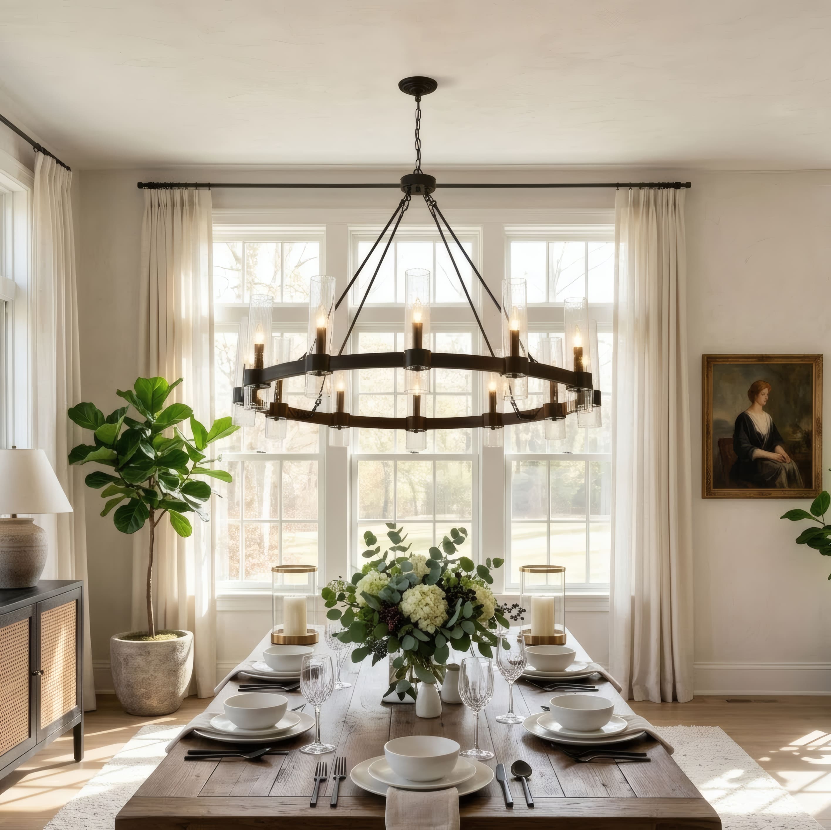 RCCFBHM 43-in Matte Black Wagon Wheel Chandelier 12 Light Modern Farmhouse Industrial Round Pendant Lighting with Clear Seeded Glass Shades No Bulbs