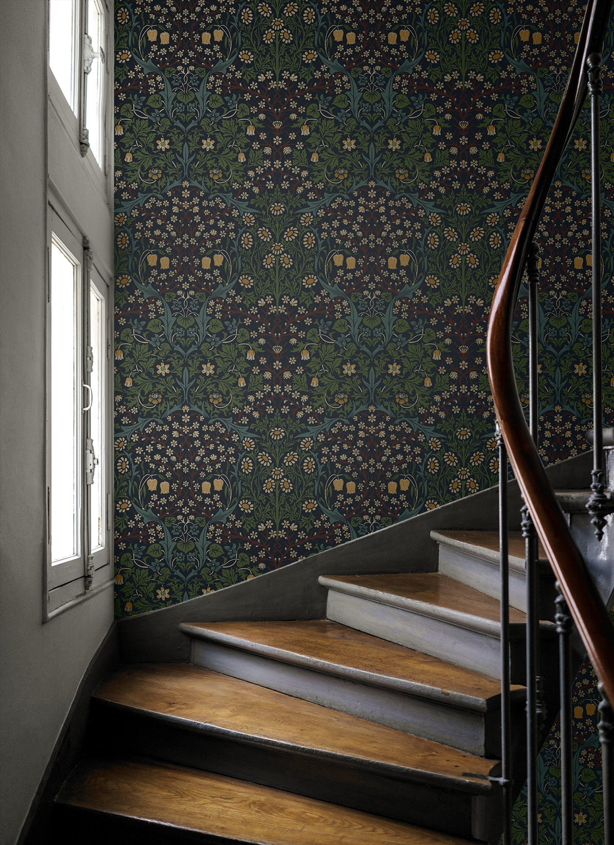 Midnight Blue and Evergreen Damask Floral Peel and Stick Wallpaper